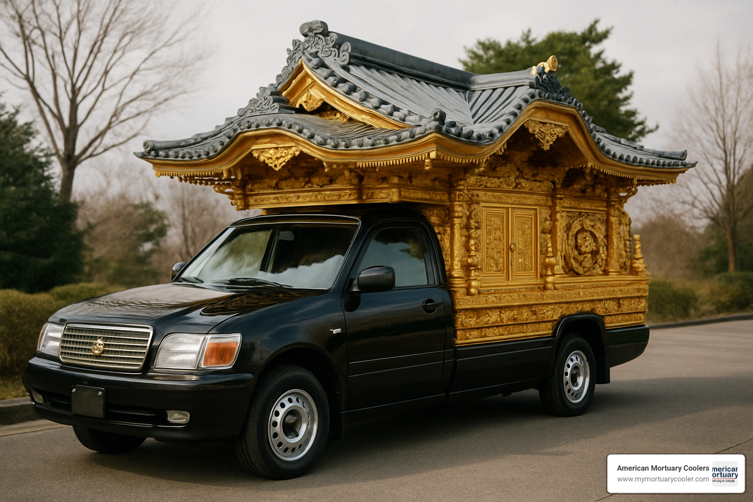 Japanese temple-style hearse with ornate wooden decorations and traditional architectural elements - auto hearse