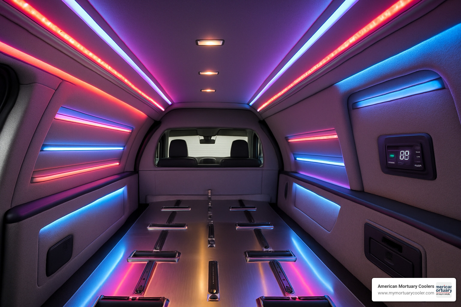 customizable interior lighting system in auto hearse showing LED arrangements and temperature control panels - auto hearse
