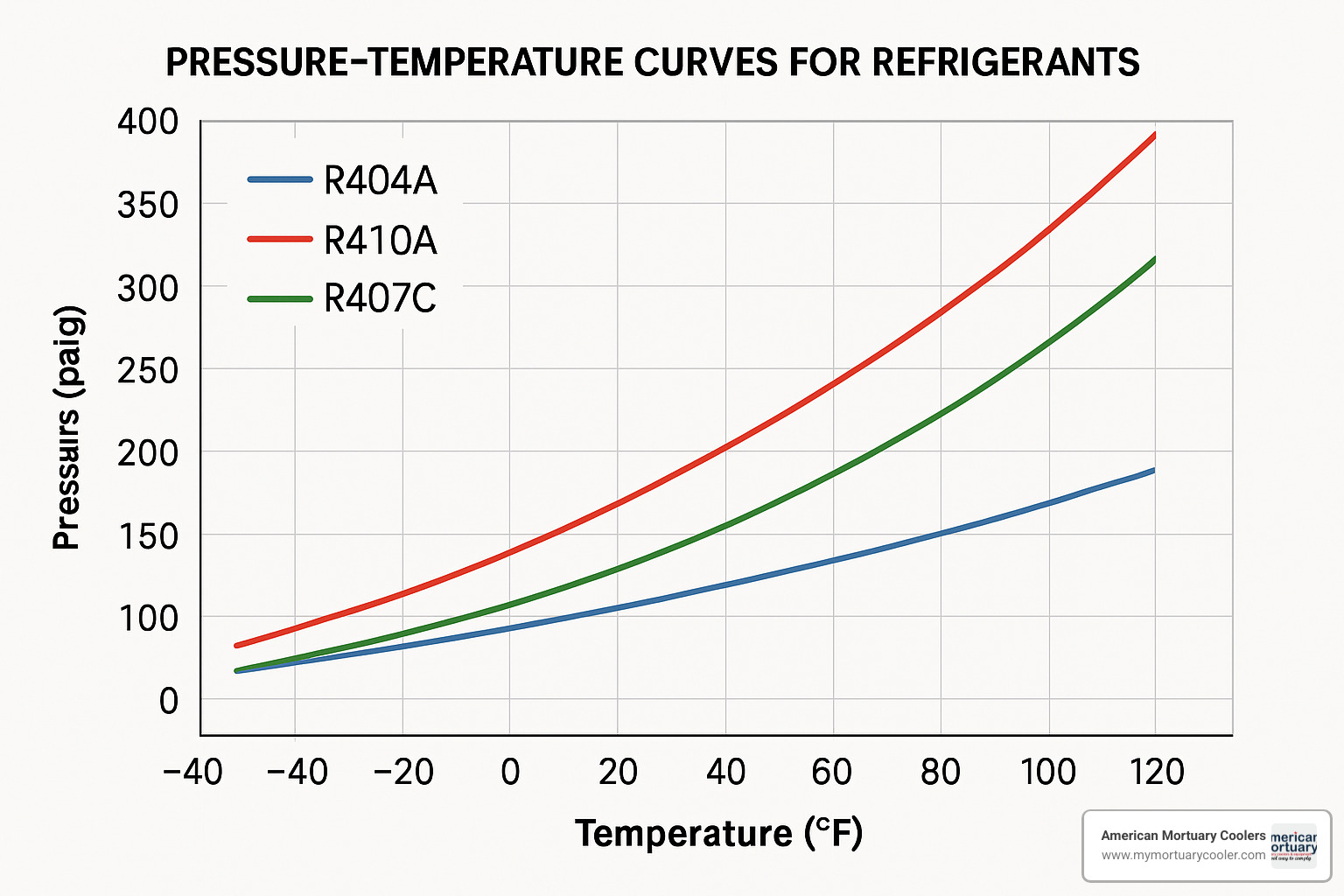 Comparative pressure-temperature curves showing R404A alongside other common refrigerants like R410A and R407C - r404 pressure temperature chart