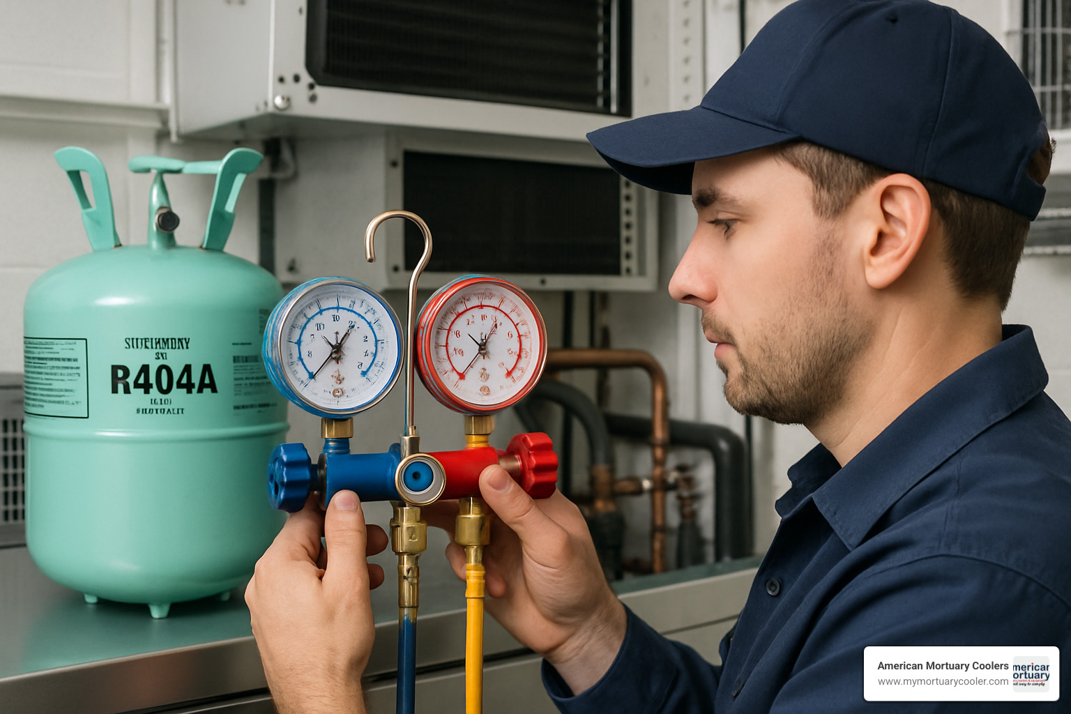 Professional manifold gauge set connected to R404A system with pressure readings visible - r404 pressure temperature chart