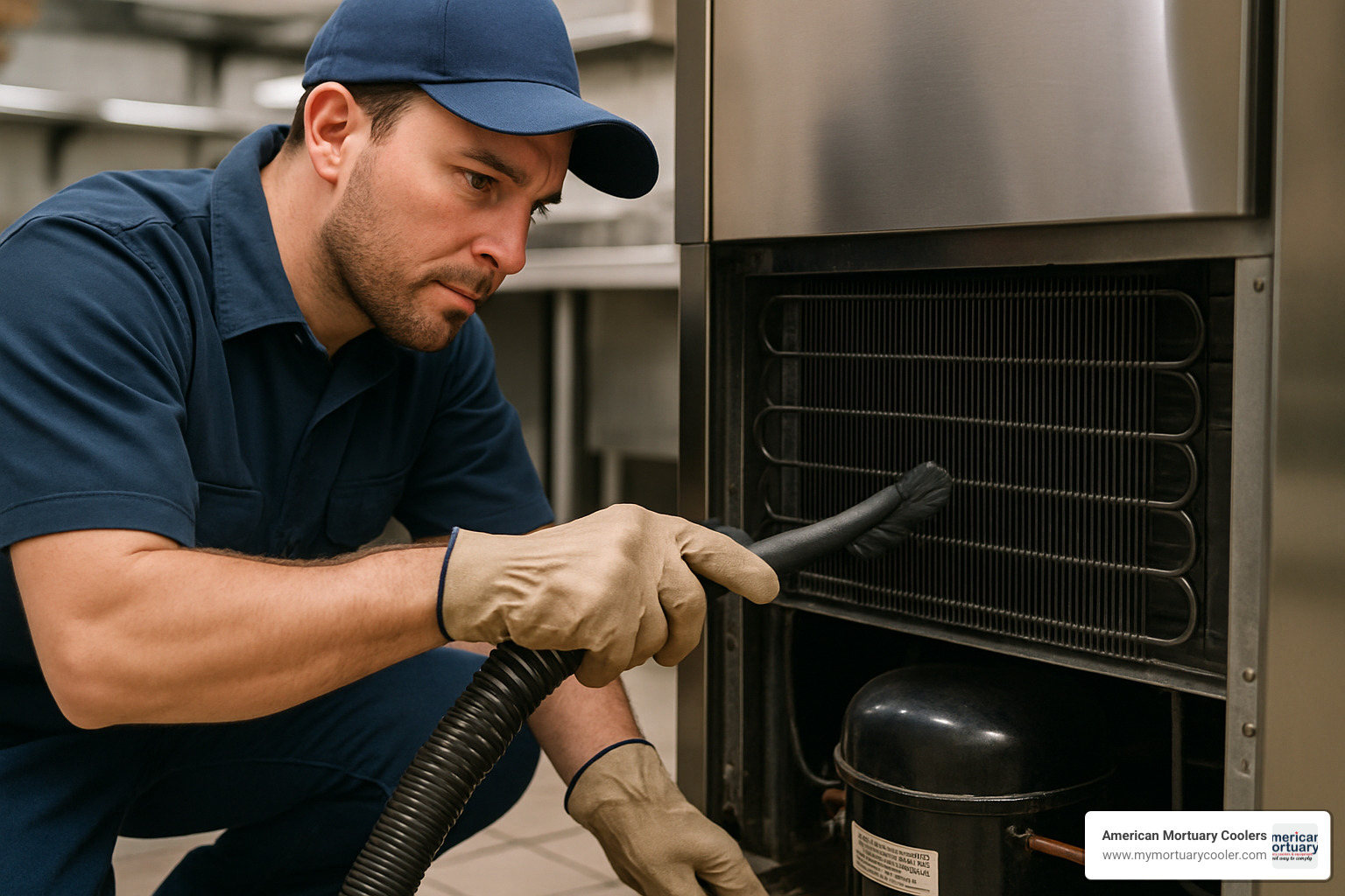 Technician cleaning commercial refrigerator condenser coils - commercial fridge for sale