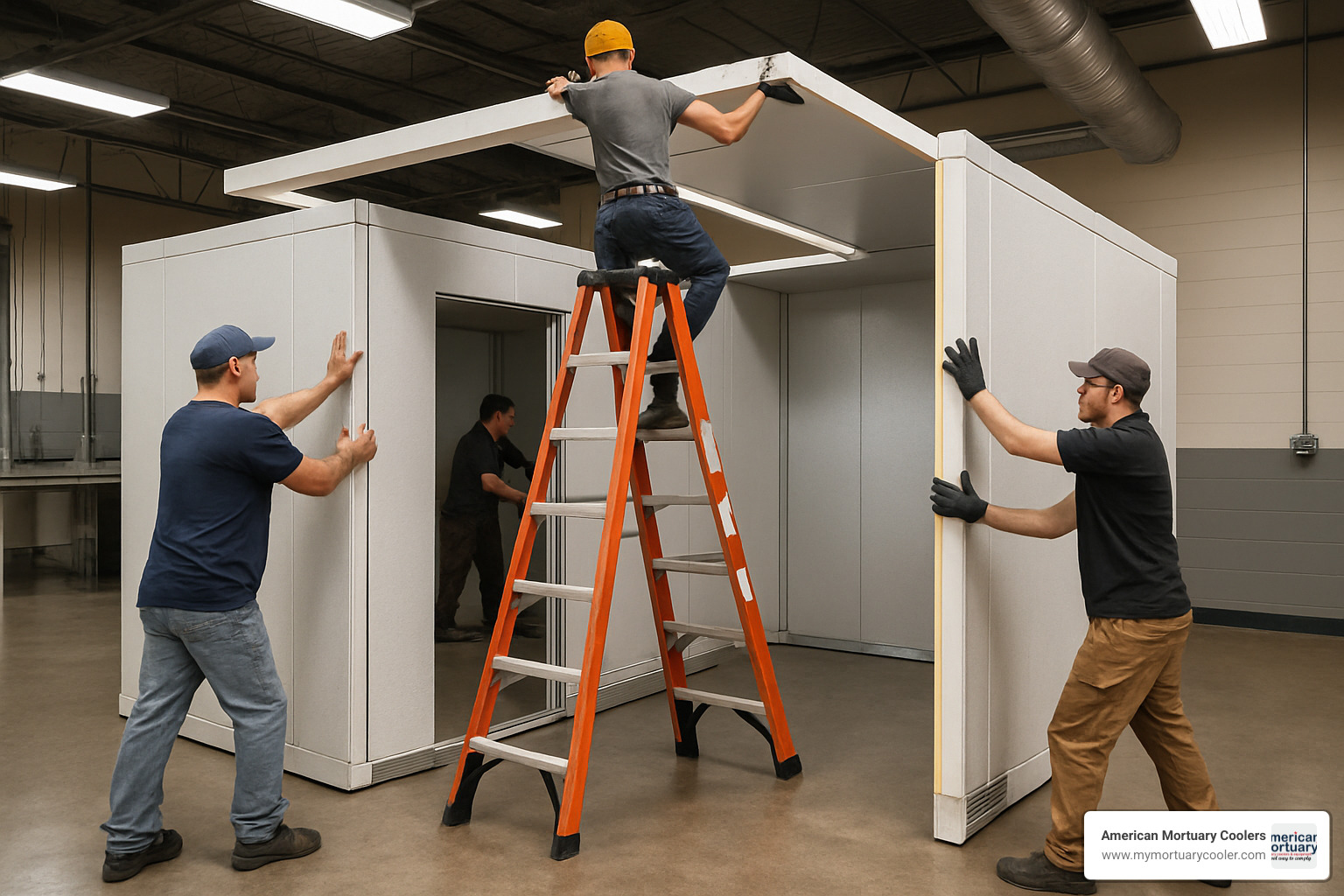 Prefab walk-in cooler installation showing modular panel construction - commercial fridge for sale