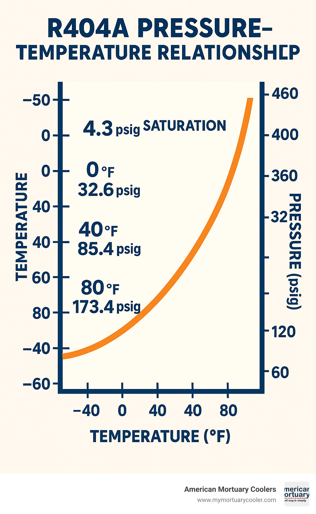 Detailed infographic showing R404A pressure temperature relationship with temperature scale on left axis ranging from -50°F to 150°F, pressure scale on right axis from 0 to 460 psig, curved line showing saturation relationship, and key pressure points marked at common operating temperatures - r404 pressure temperature chart infographic 