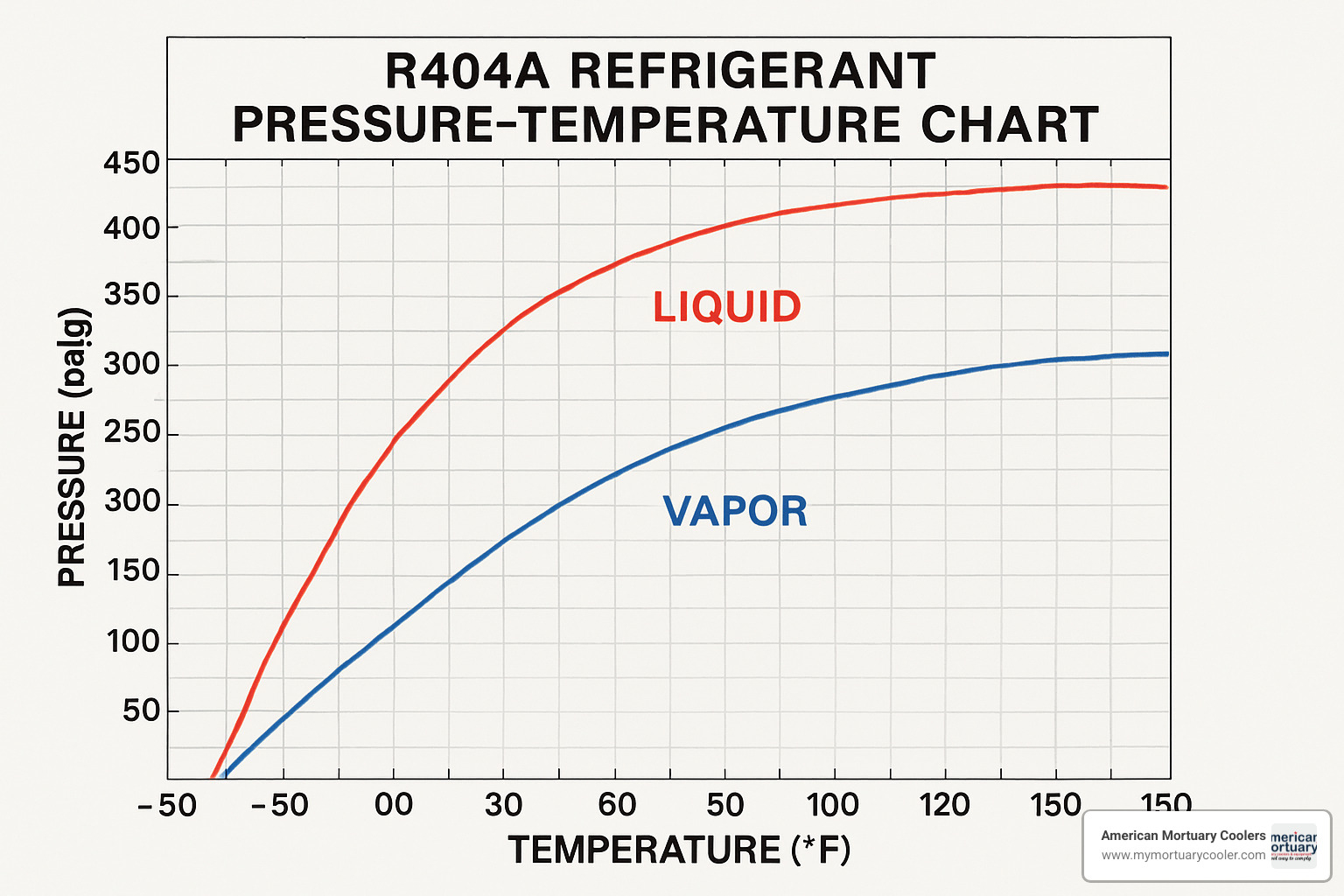 R404A pressure-temperature chart showing saturation curves for both liquid and vapor phases across temperature range from -50°F to 150°F - r404a