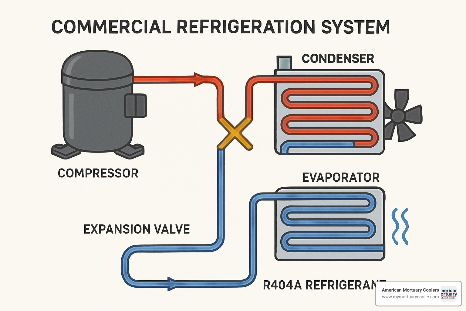 Refrigeration system components showing compressor, condenser, expansion valve, and evaporator with R404A refrigerant flow diagram - r404a