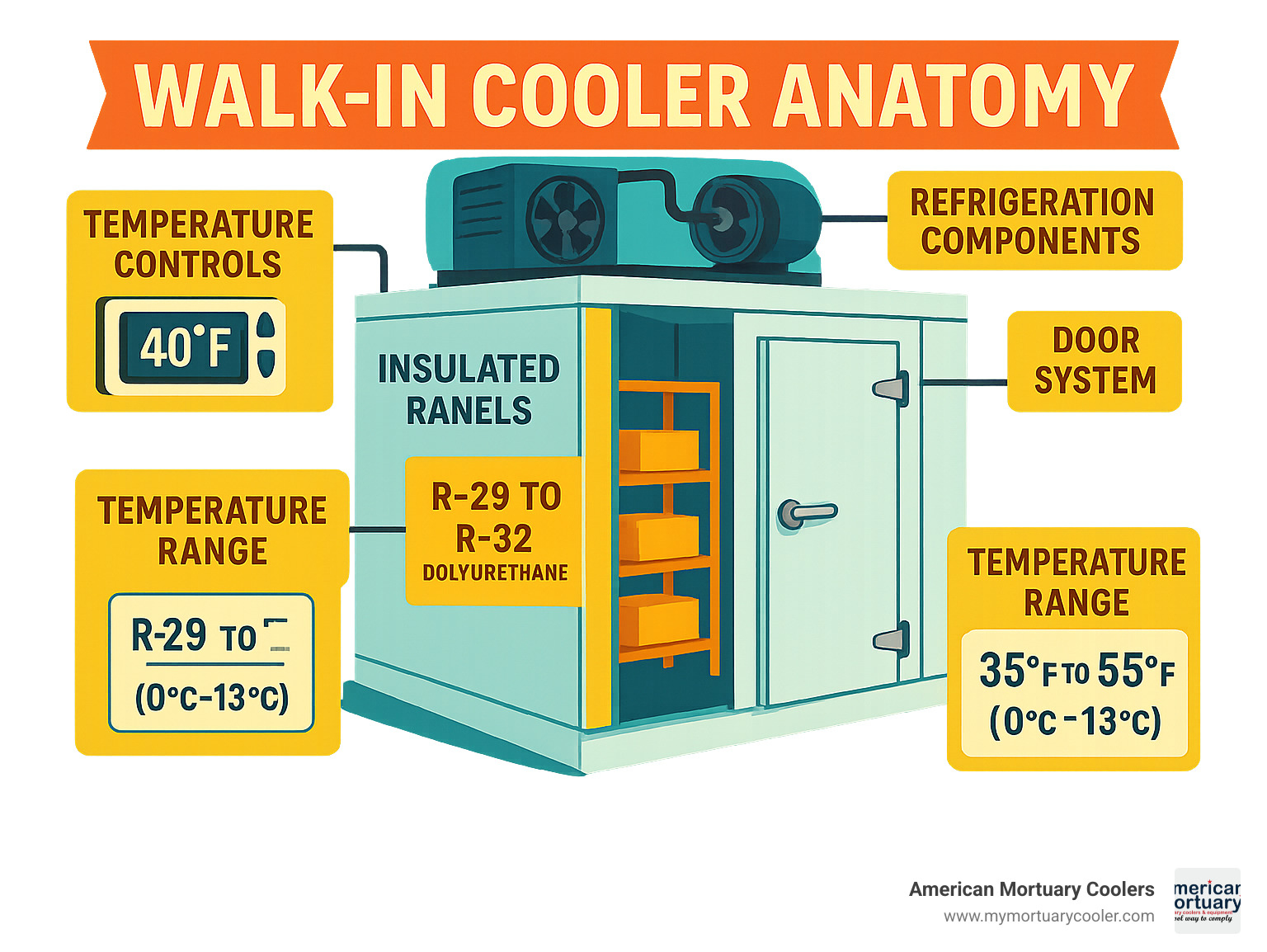Detailed walk cooler anatomy showing insulated panels, refrigeration components, door systems, shelving, and temperature controls with labeled specifications - walk cooler infographic 