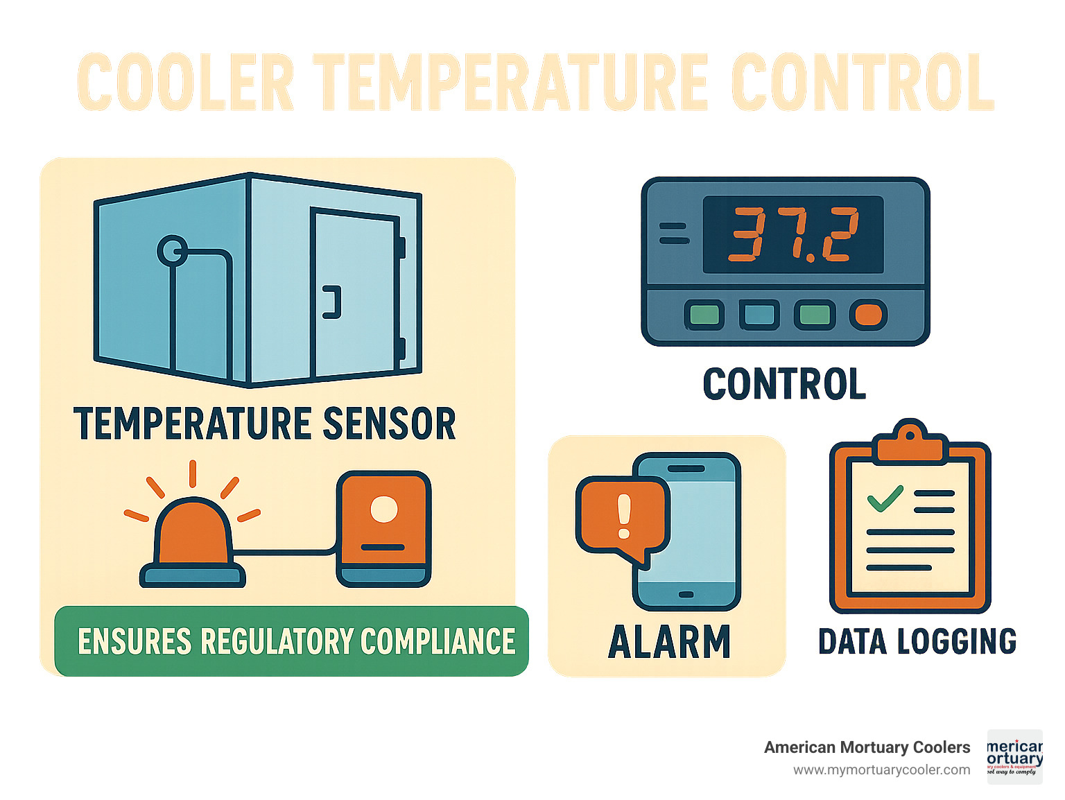 Comprehensive cooler temperature control system showing sensors monitoring internal temperature, electronic controller with digital display, alarm system with SMS alerts, and data logging capabilities for regulatory compliance - cooler temperature control infographic 