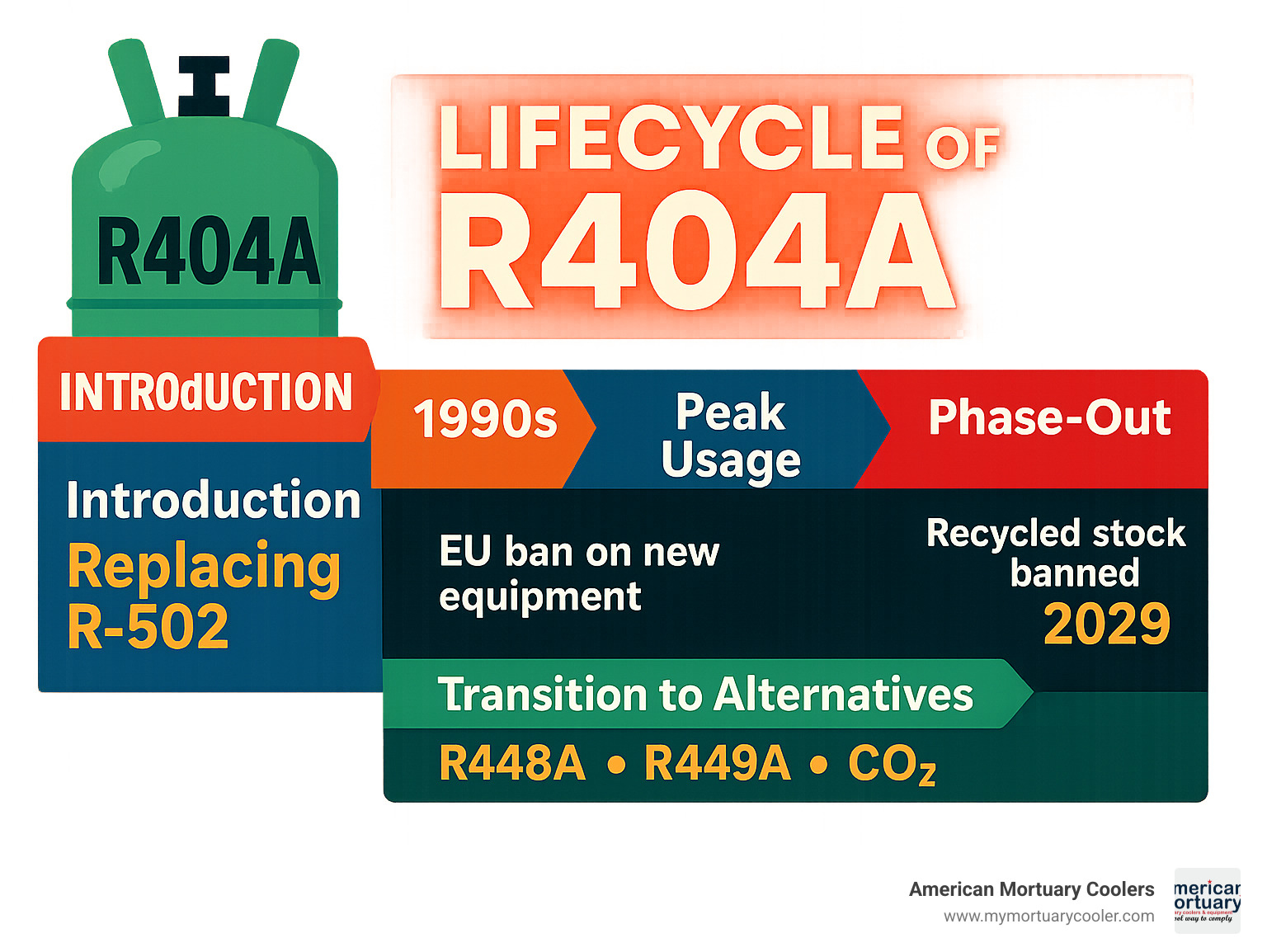Comprehensive infographic showing R404A lifecycle from introduction in 1990s as R-502 replacement, through peak usage period, to current regulatory phase-out with timeline showing EU bans, recycled stock deadlines, and transition to low-GWP alternatives like R448A, R449A, and CO2 - r404a infographic 