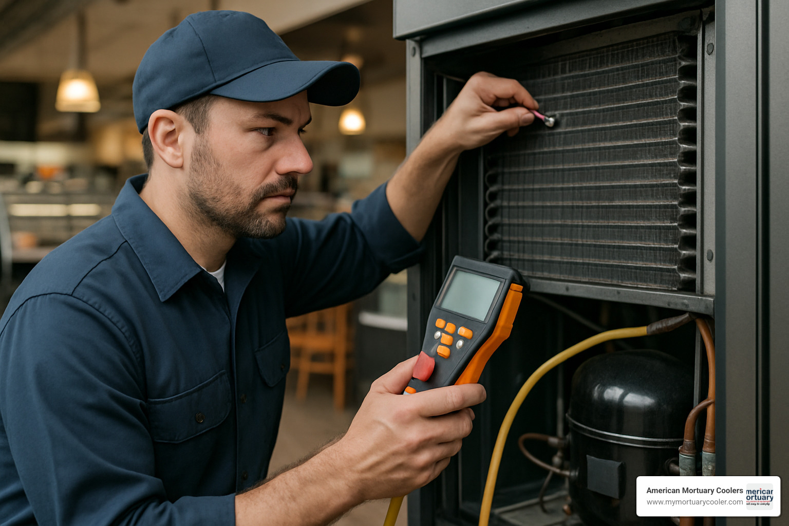 technician performing routine maintenance on commercial refrigeration coils - commercial refrigeration repair near me