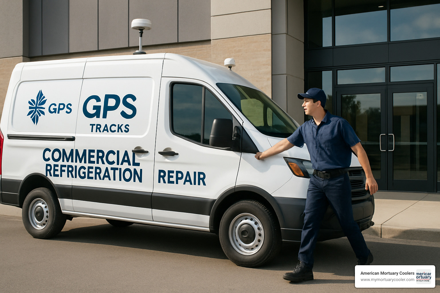 GPS-equipped service van arriving at commercial location - commercial refrigeration repair near me