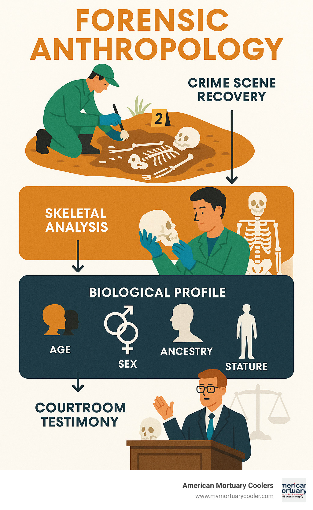 Detailed infographic showing the forensic anthropology process from crime scene recovery through skeletal analysis to courtroom testimony, including biological profiling steps for age, sex, ancestry and stature determination - forensic anthropology forensic infographic 