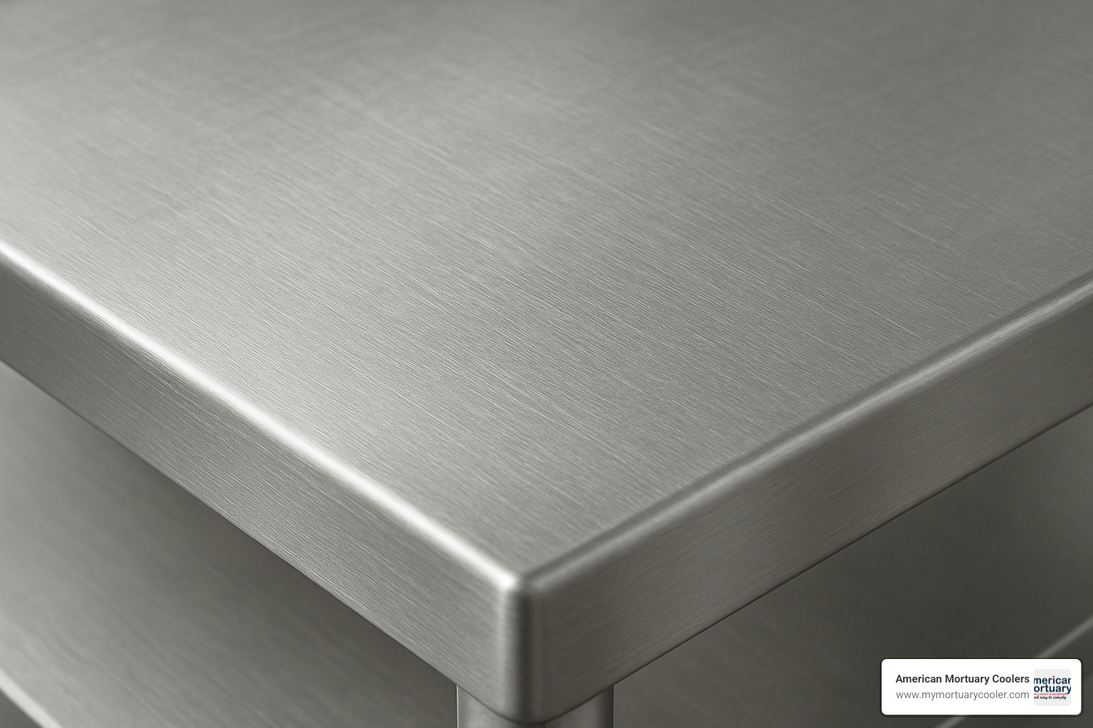 Close-up view of stainless steel surface showing grain pattern and smooth finish - prep table for sale operating room