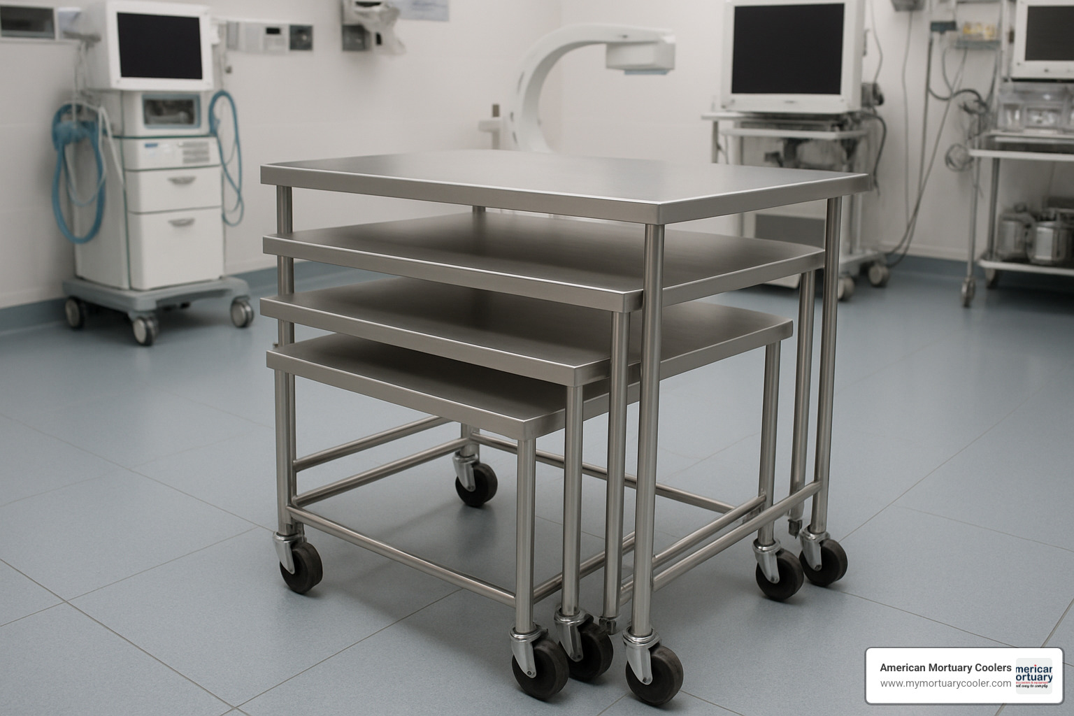 Nesting table set showing space-saving configuration with multiple tables of progressively smaller dimensions - prep table for sale operating room