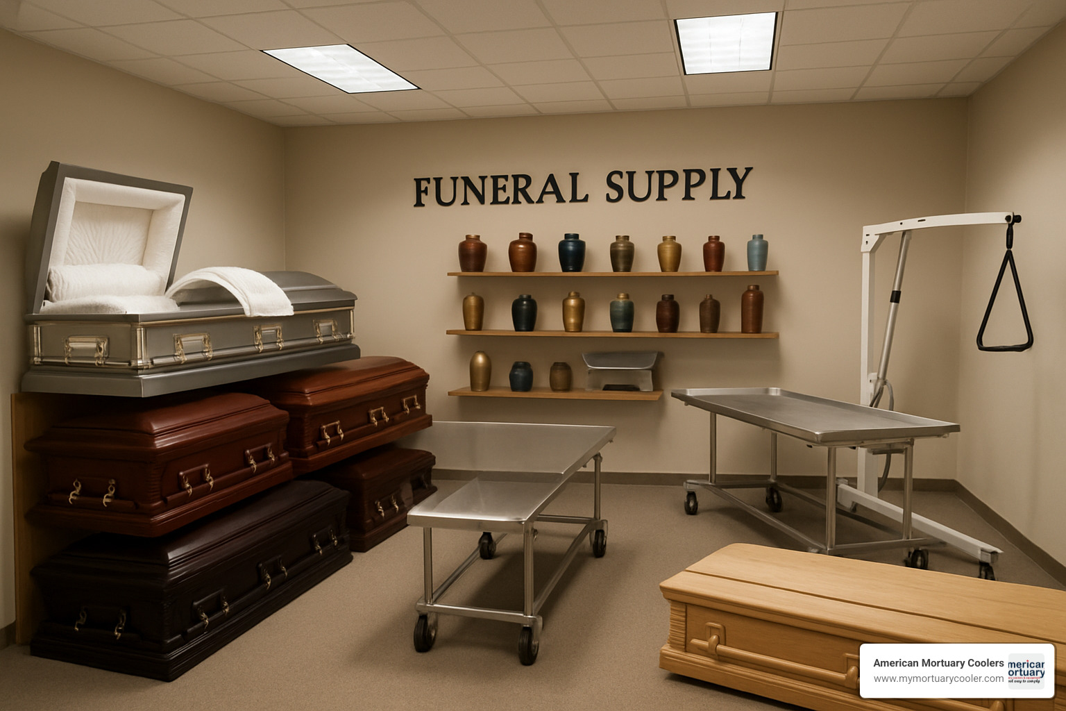 showroom displaying caskets, urns, and mortuary equipment - funeral supply stores