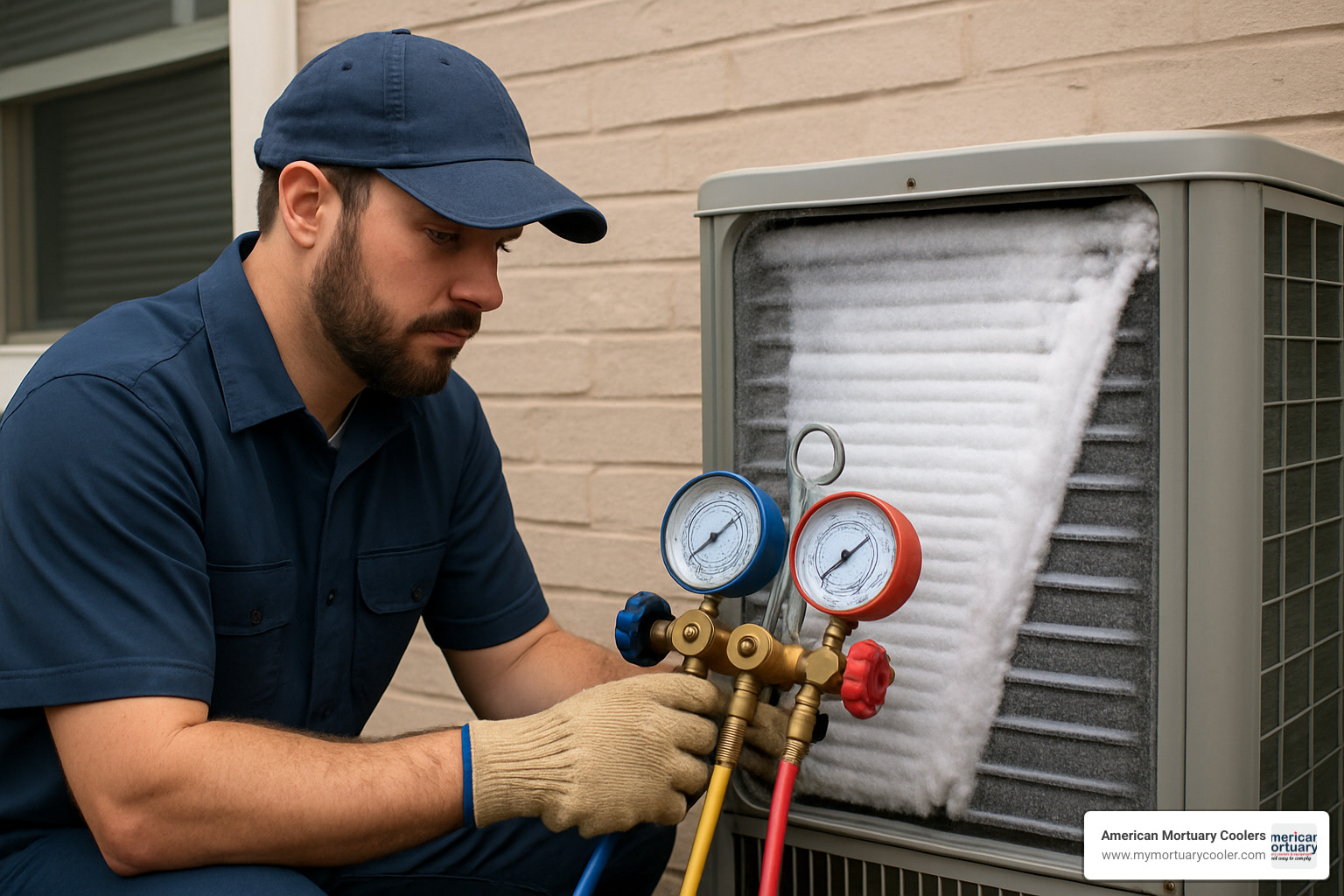 HVAC technician with pressure gauges diagnosing frozen coil system - frozen evaporator coil