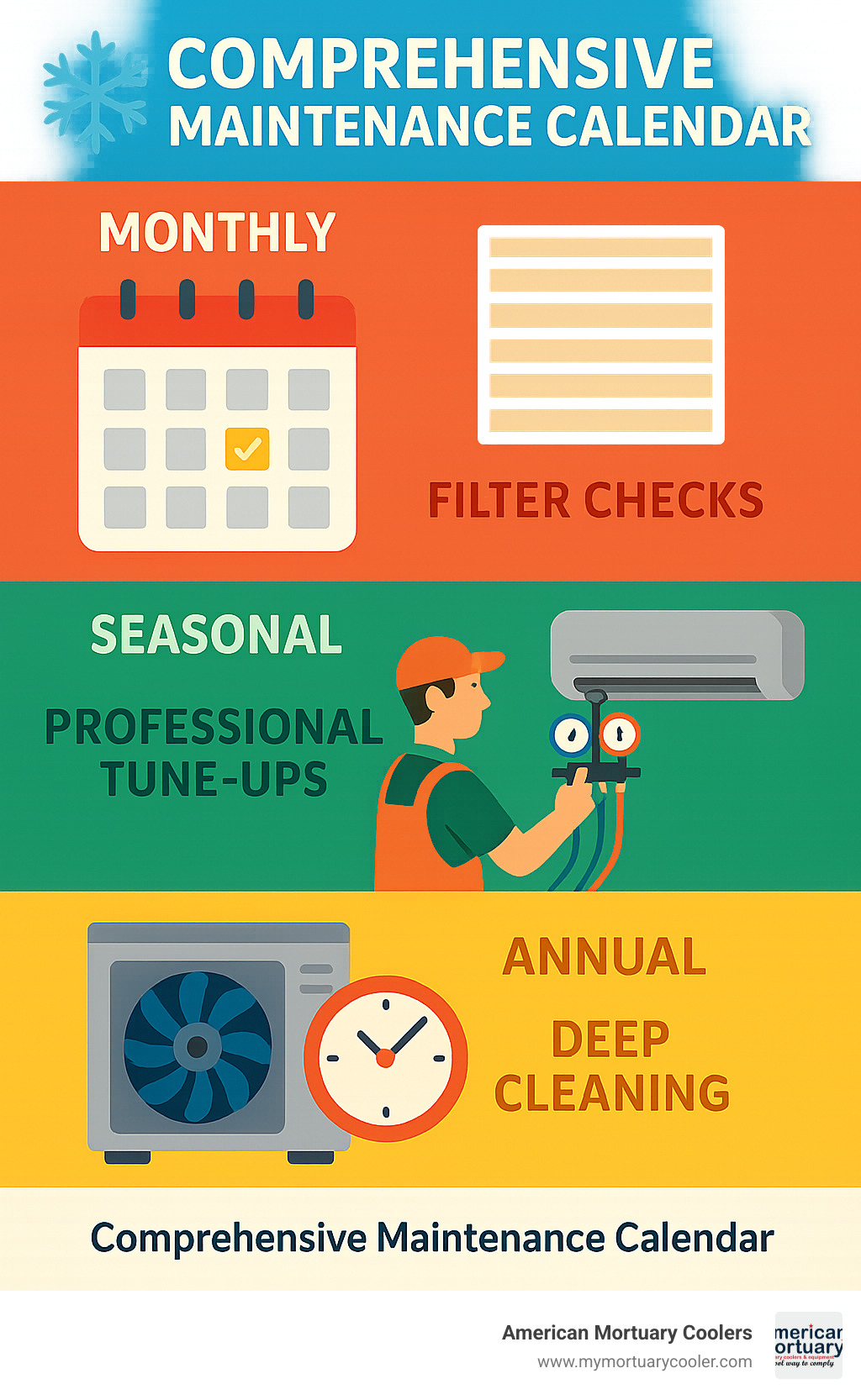 comprehensive maintenance calendar infographic showing monthly filter checks, seasonal professional tune-ups, and annual deep cleaning schedules - frozen evaporator coil infographic 