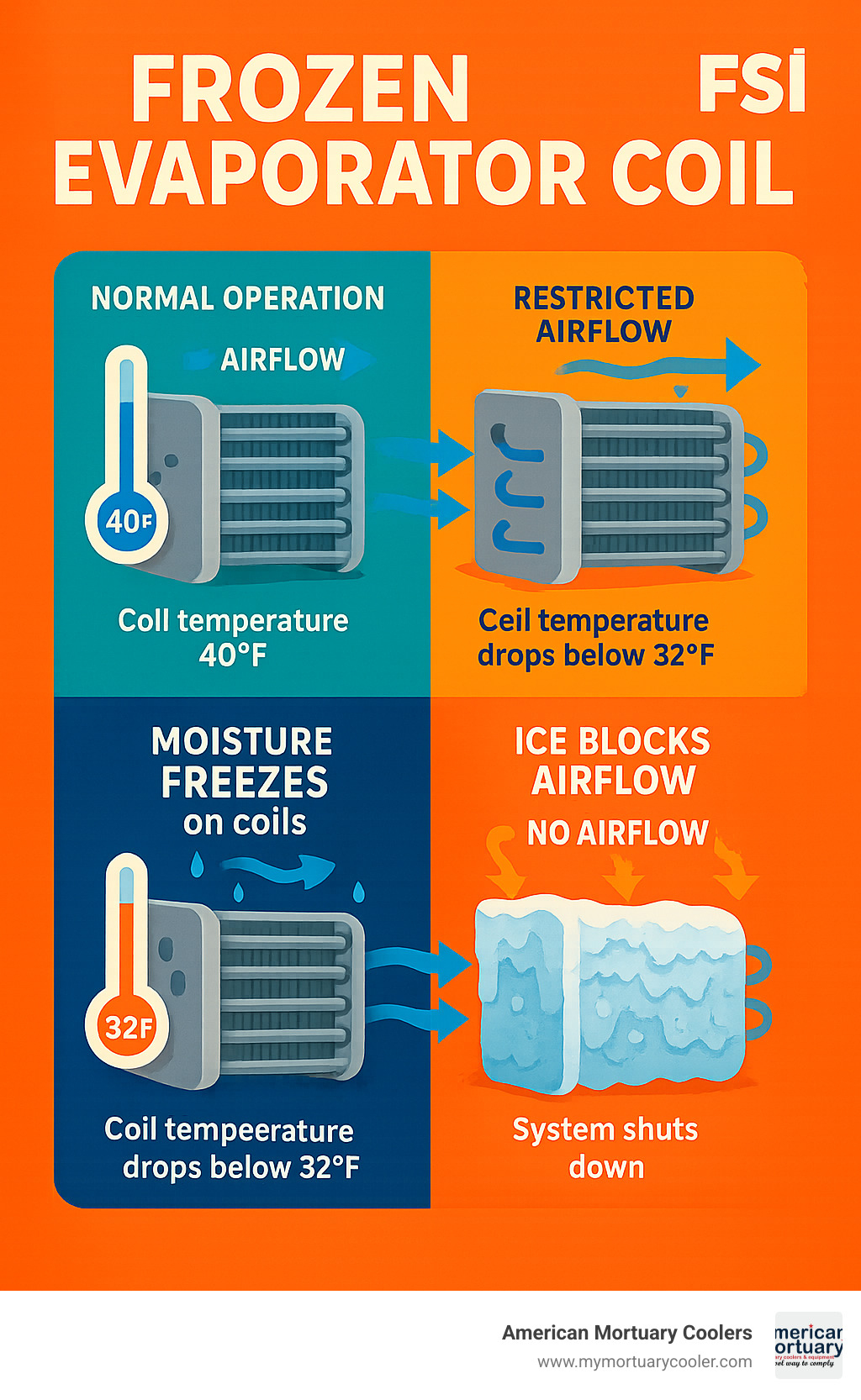 Detailed infographic showing the evaporator coil freeze cycle: normal operation with 40°F coil temperature and proper airflow, then restricted airflow causing coil temperature to drop below 32°F, moisture condensing and freezing on coils, ice buildup blocking airflow further, and finally complete system shutdown - frozen evaporator coil infographic 