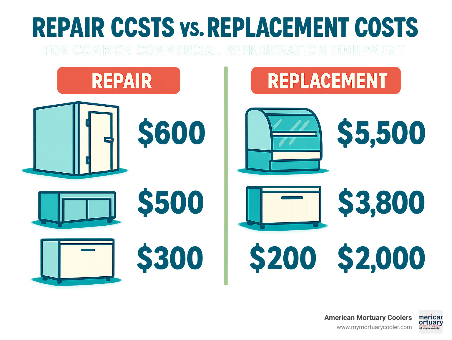 Infographic comparing typical repair costs versus replacement costs for common commercial refrigeration equipment - commercial refrigeration repair near me infographic 
