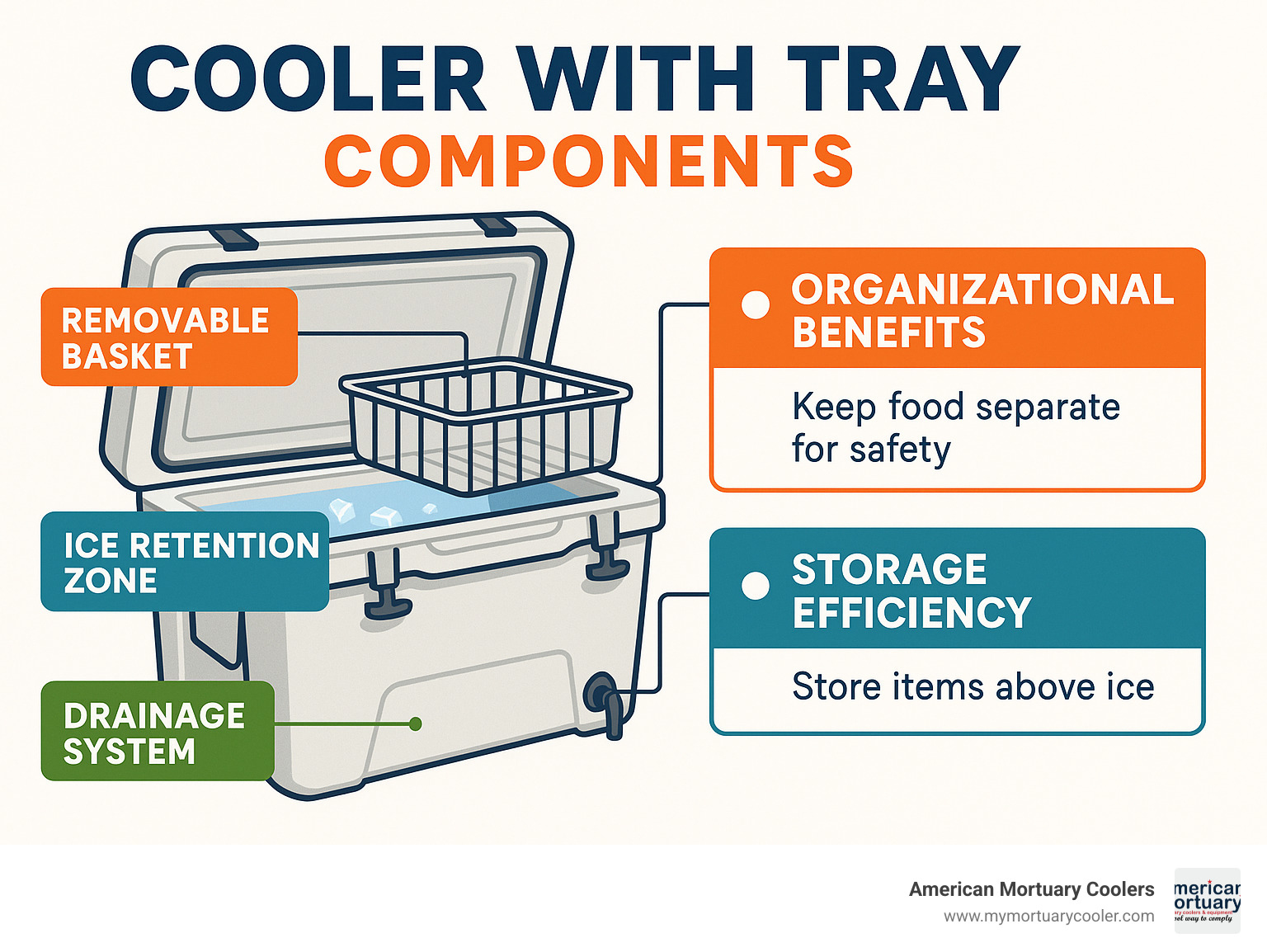 Detailed breakdown of cooler with tray components showing removable basket placement, ice retention zones, drainage system, and organizational benefits for food safety and storage efficiency - coolers with trays infographic 