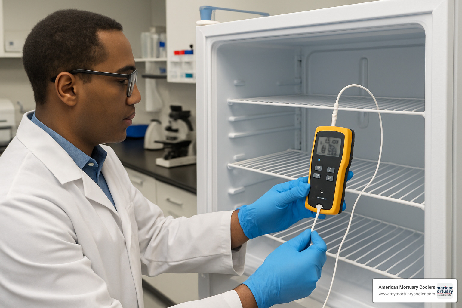 technician performing temperature mapping on lab fridge - lab fridges
