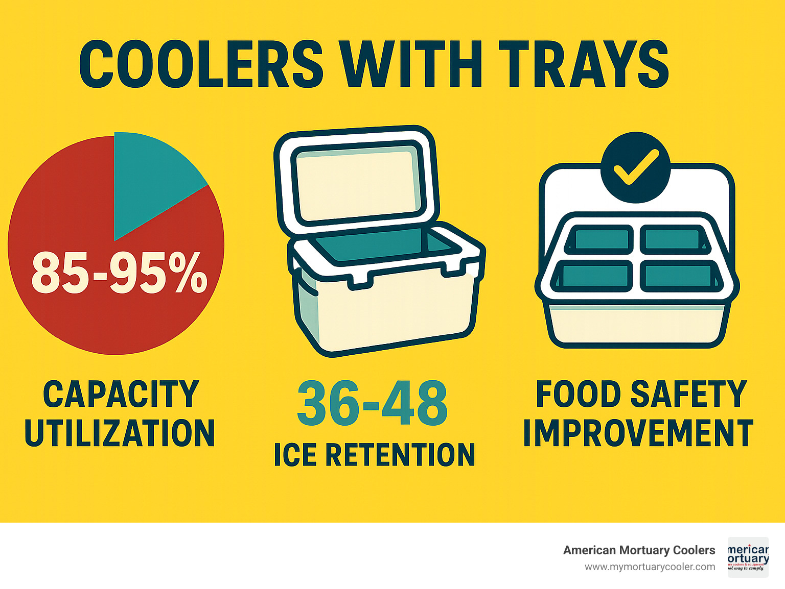 Statistics showing cooler tray usage benefits including 85-95% capacity utilization, 36-48 hour ice retention, and food safety improvements through organized storage systems - coolers with trays infographic 