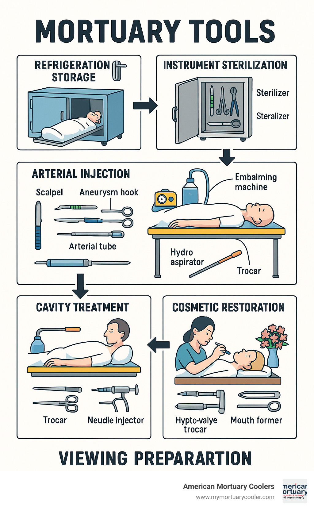 Comprehensive infographic showing the complete mortuary tools workflow from body arrival through embalming preparation, including refrigeration storage, instrument sterilization, arterial injection process, cavity treatment, cosmetic restoration, and final viewing preparation with all essential tools labeled - Mortuary Tools infographic 