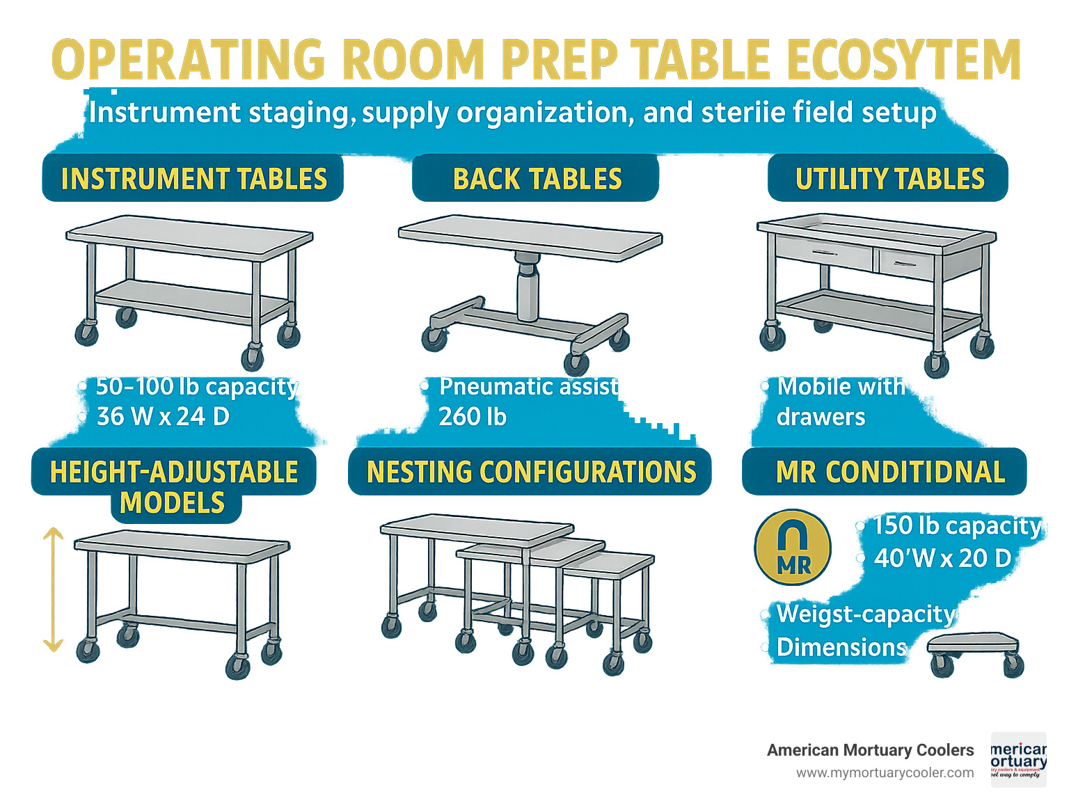 Comprehensive infographic showing operating room prep table ecosystem including instrument tables with shelves, back tables with pneumatic assist, utility tables with drawers and guardrails, height-adjustable models, nesting configurations, and MR conditional options with specifications for weight capacity, dimensions, and mobility features - prep table for sale operating room infographic 