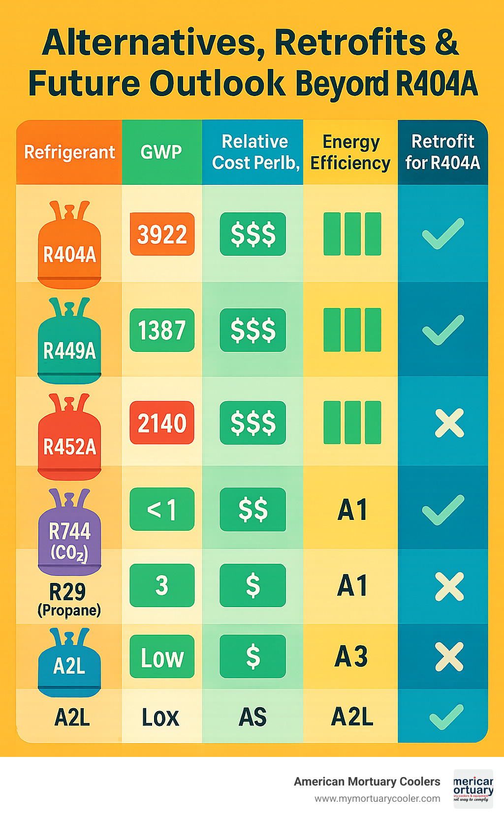 Comprehensive infographic comparing R404A with alternative refrigerants including R448A, R449A, R452A, R744 CO2, R290 propane, and A2L refrigerants, showing GWP values, relative costs per pound, energy efficiency ratings, safety classifications, and retrofit compatibility for mortuary cooling applications - r404a refrigerant price infographic 