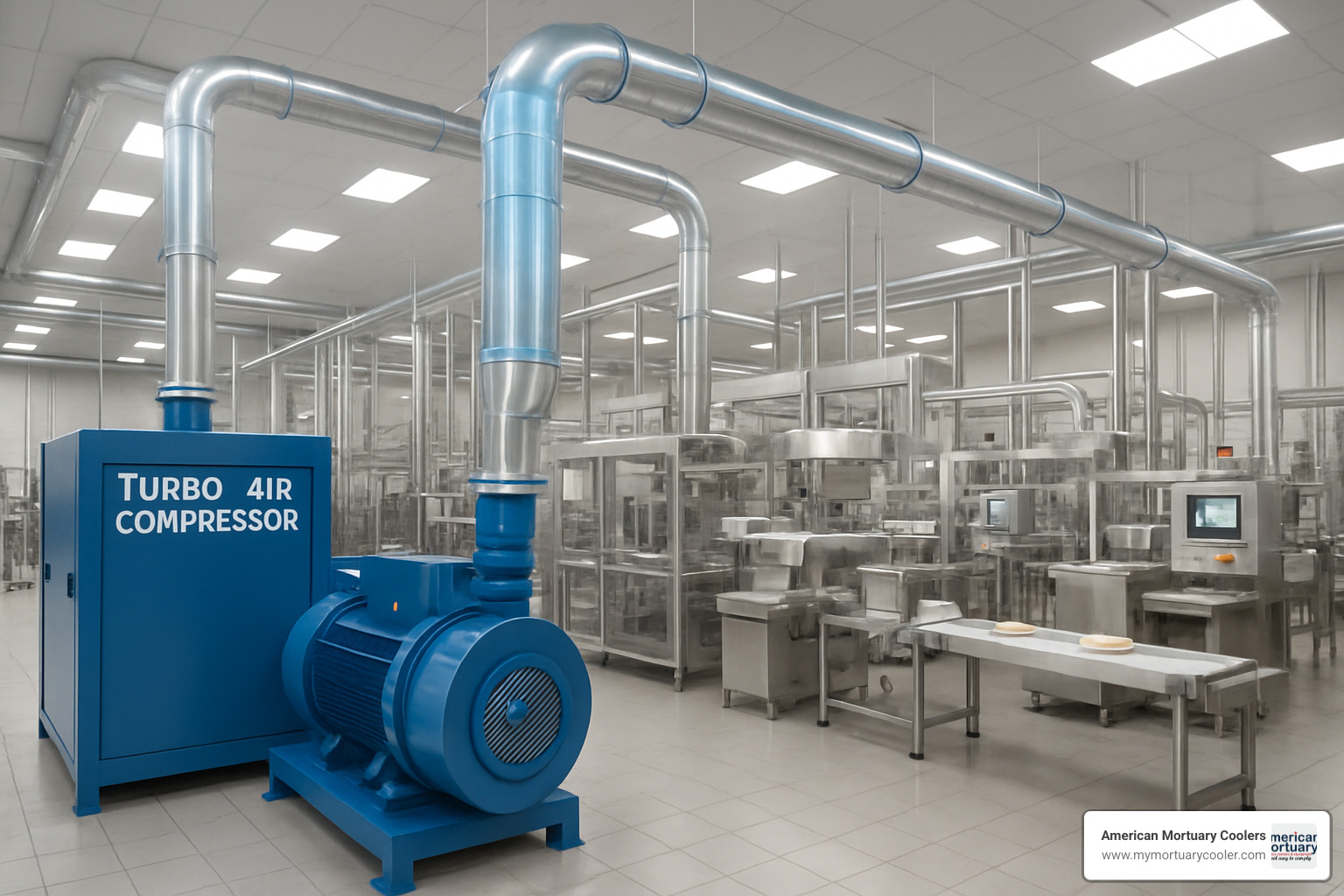 Food processing facility showing turbo air system providing clean compressed air for pneumatic conveying, packaging equipment, and quality control processes - turbo air