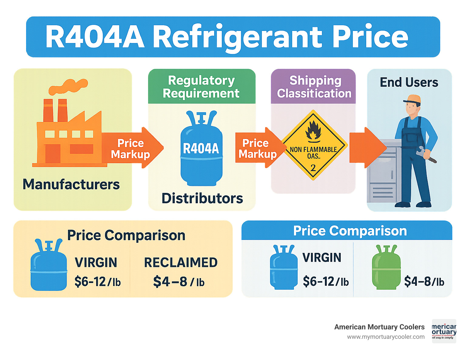 Detailed infographic showing R404A supply chain from manufacturers through distributors to end users, including price markup at each level, regulatory requirements like EPA 608 certification, shipping classifications, and comparison between virgin versus reclaimed refrigerant pricing structures - r404a refrigerant price infographic 