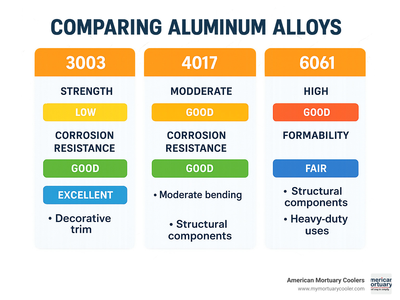 Comparison chart showing 3003, 4017, and 6061 aluminum alloys with strength ratings, corrosion resistance, formability scores, and typical applications for each grade - diamond plate aluminum sheets infographic 