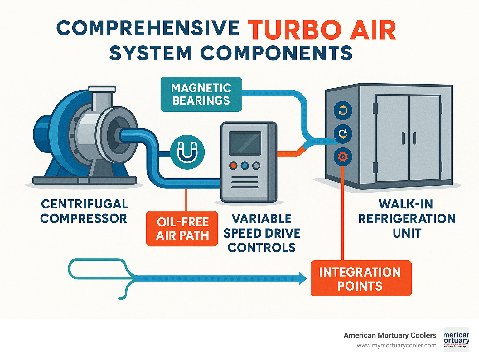 Comprehensive turbo air system components showing centrifugal compressor with magnetic bearings, oil-free air path, variable speed drive controls, and integration points for walk-in refrigeration units - turbo air infographic 