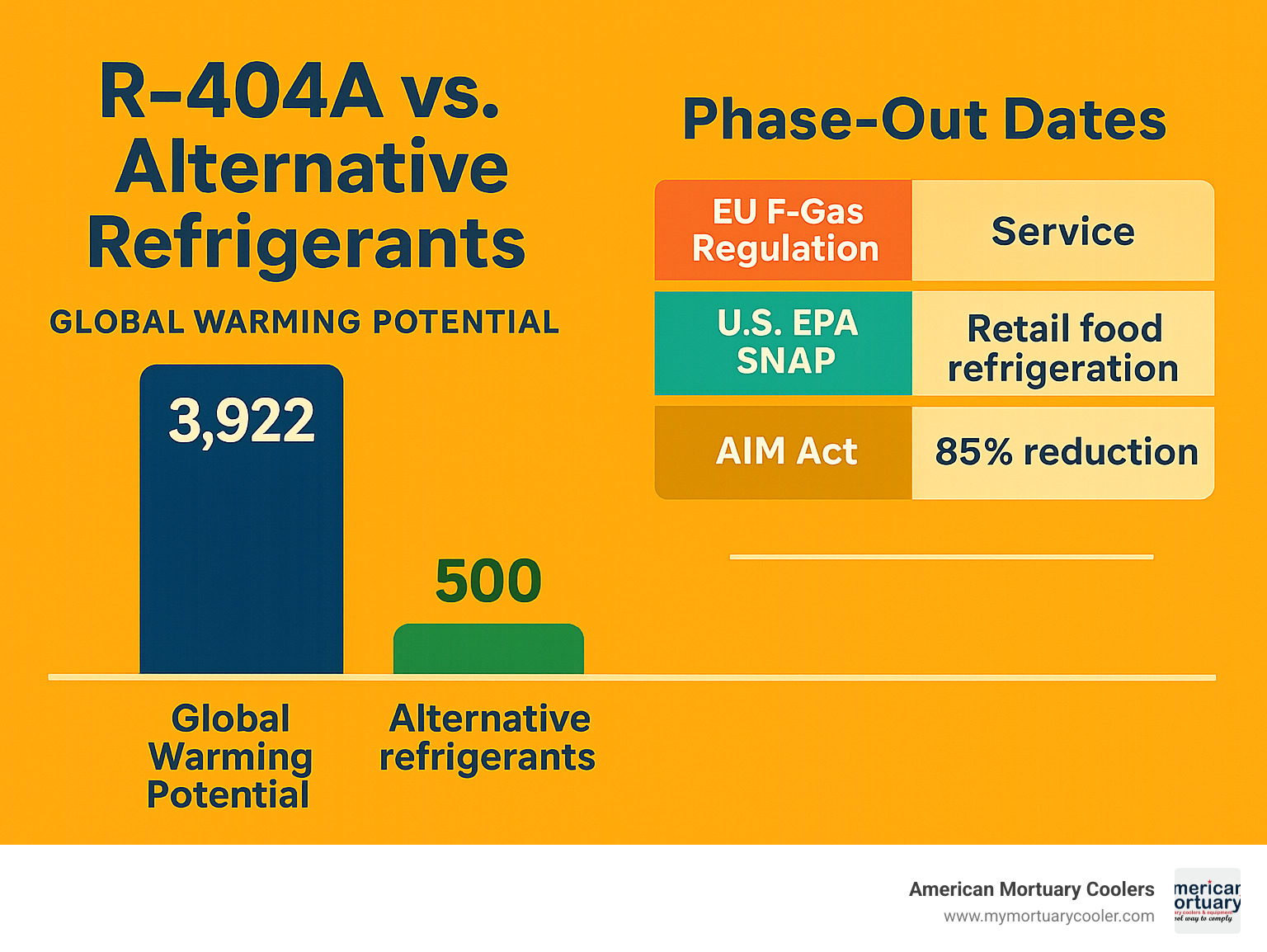 Statistical comparison showing R-404A's global warming potential of 3,922 versus alternative refrigerants, with timeline of regulatory phase-out dates across different regions and applications - r-404a refrigerant infographic 