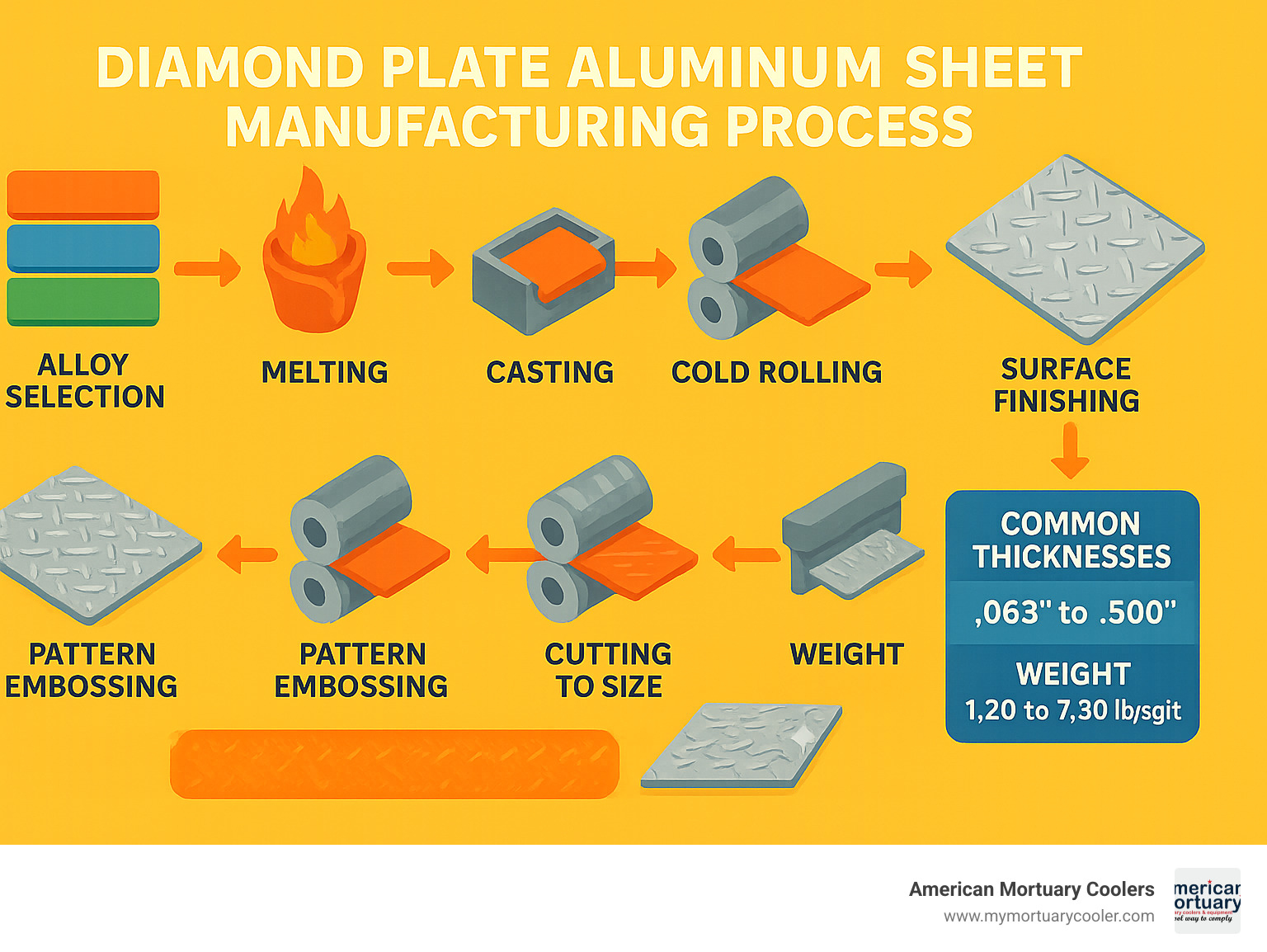 Infographic showing diamond plate aluminum sheet manufacturing process from alloy selection through melting, casting, hot rolling, cold rolling, pattern embossing, cutting to size, and surface finishing, with arrows indicating the flow between each step and specifications for common thicknesses and weights - diamond plate aluminum sheets infographic 