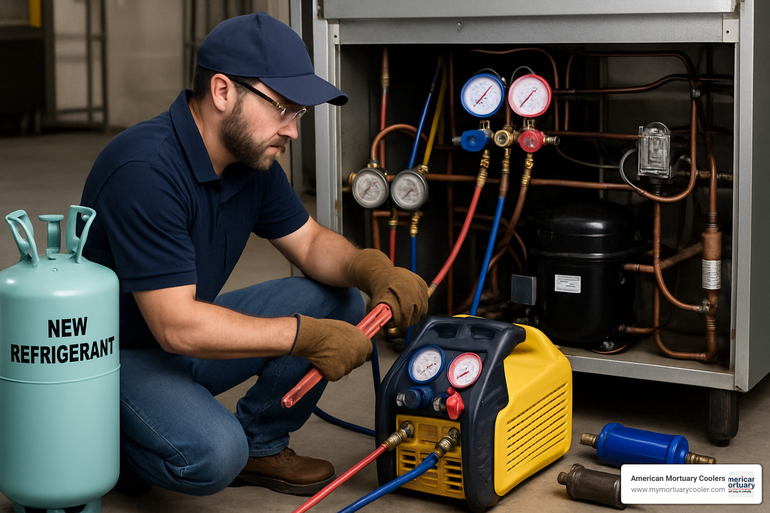 Technician performing refrigerant retrofit process showing recovery equipment, new refrigerant cylinders, and system components being replaced - 404a pressure temperature chart