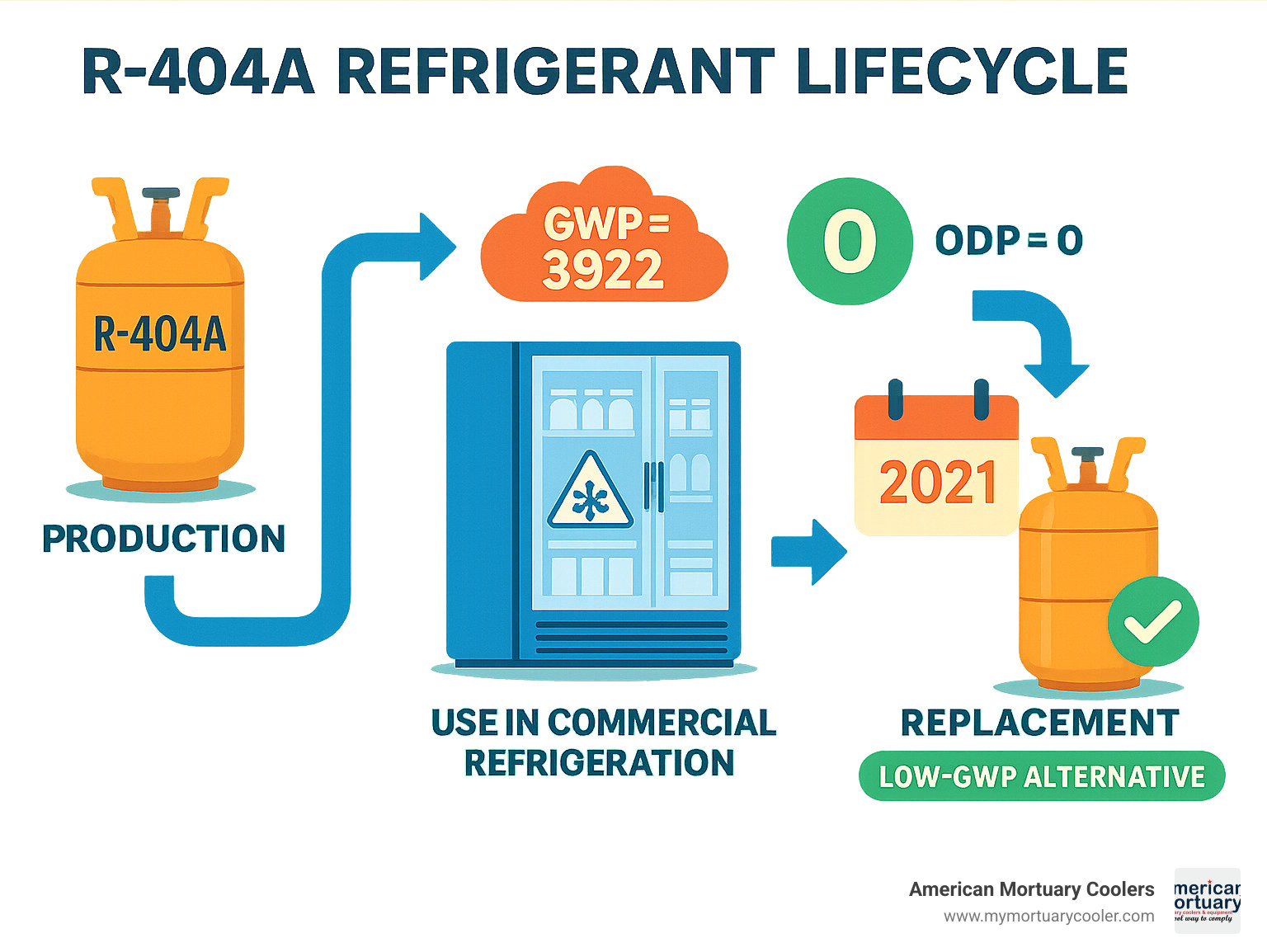 Detailed infographic showing R-404A refrigerant lifecycle from production through use in commercial refrigeration systems to eventual phase-out and replacement with low-GWP alternatives, including key dates, environmental impact metrics, and transition pathways for existing equipment - r-404a refrigerant infographic 