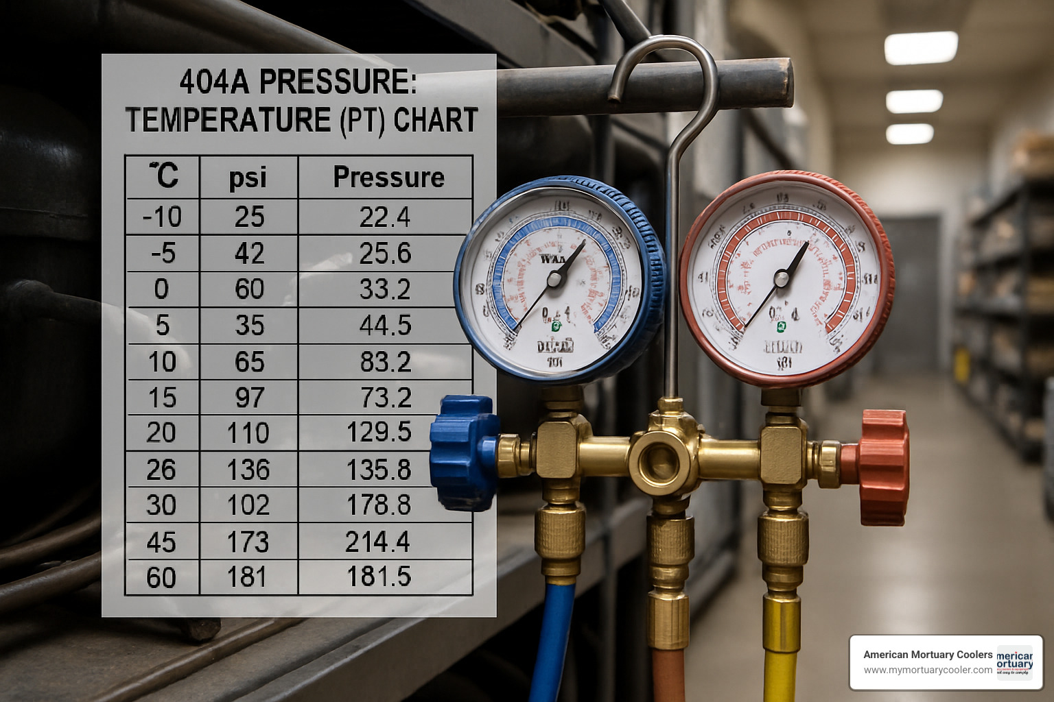 Manifold gauge set connected to refrigeration system with PT chart overlay showing normal operating pressures for walk-in cooler application - 404a pressure temperature chart