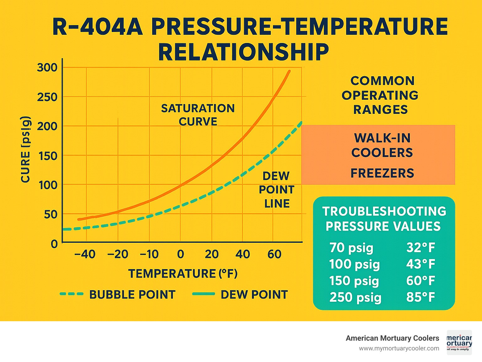 Detailed infographic showing R-404A pressure temperature relationship with saturation curve, bubble point and dew point lines, common operating ranges for walk-in coolers and freezers, and troubleshooting pressure values with corresponding temperatures - 404a pressure temperature chart infographic 