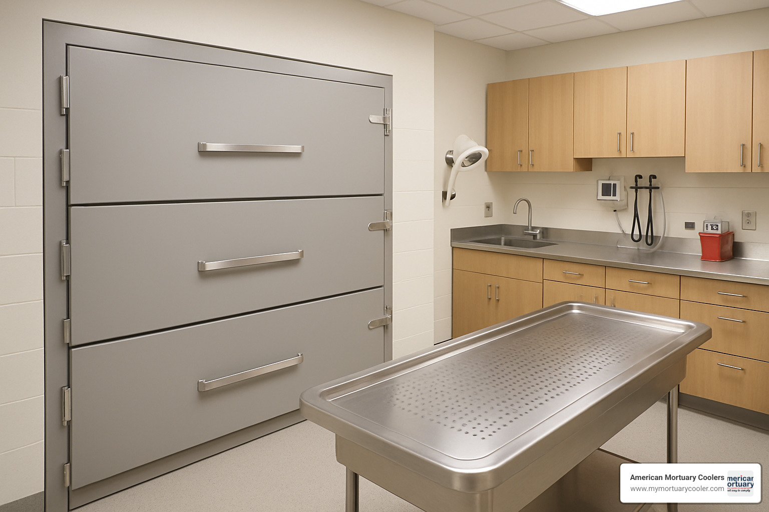 color-matched three body cooler in professional mortuary setting - three body cooler