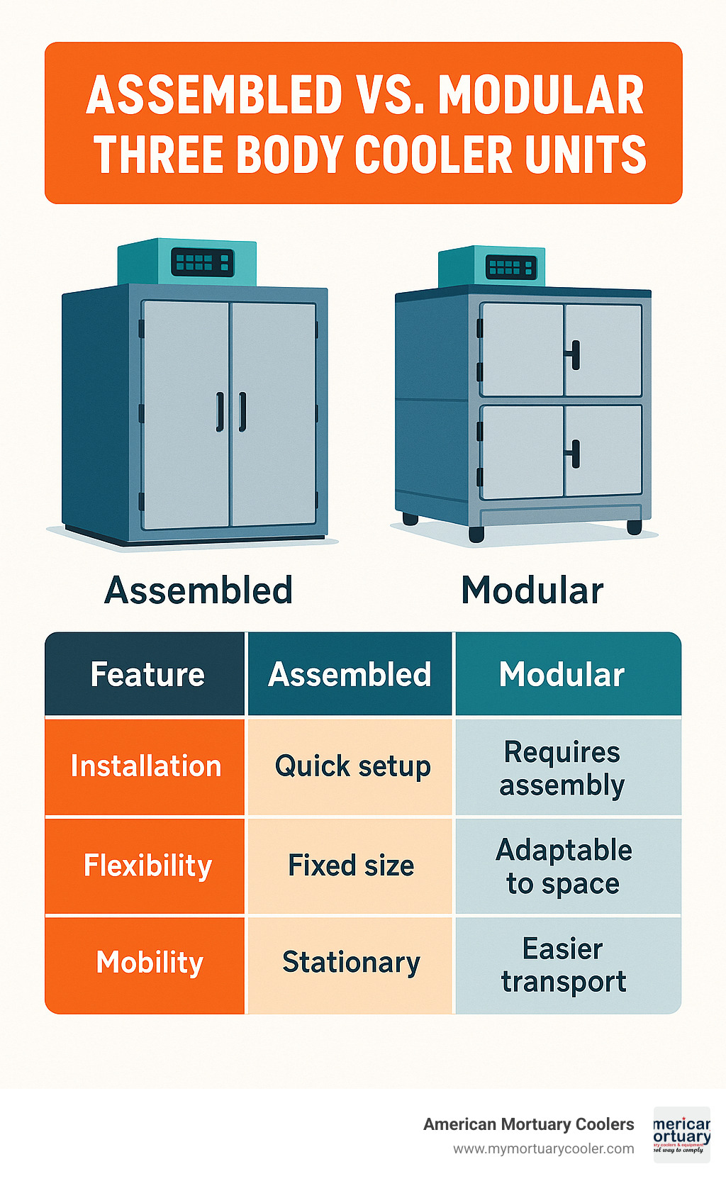 comparison table showing assembled versus modular three body cooler units - three body cooler infographic 