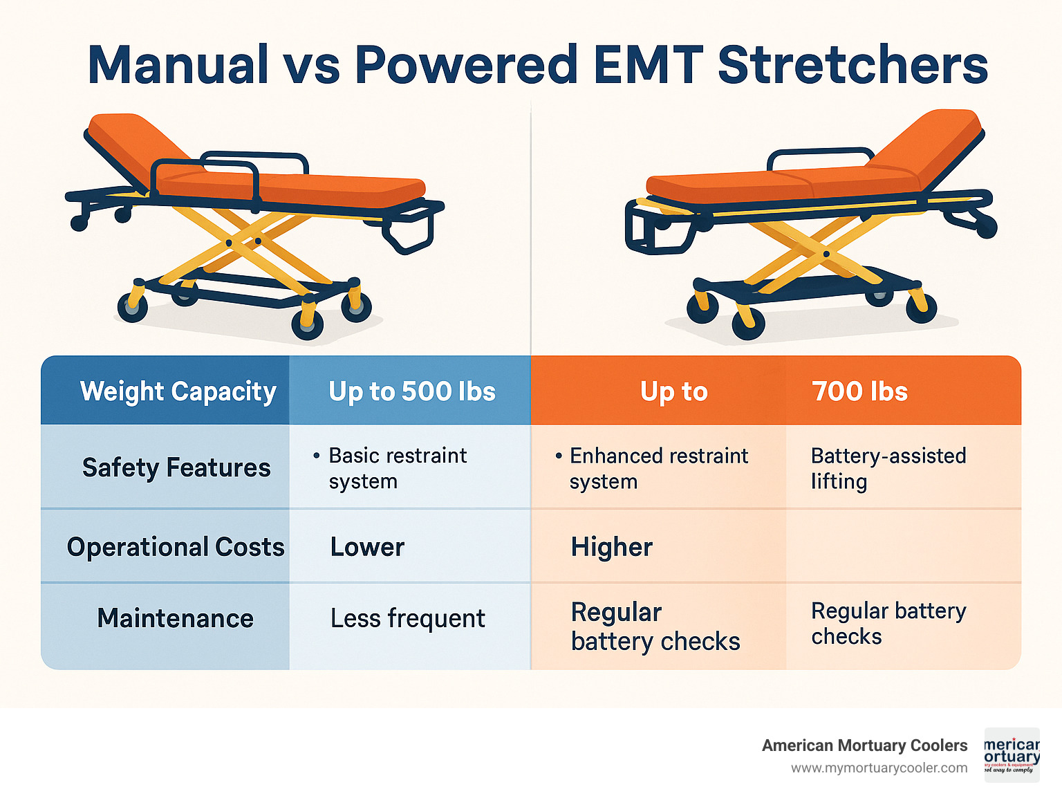 Comprehensive comparison chart showing manual vs powered EMT stretchers with weight capacities, safety features, operational costs, and maintenance requirements across different emergency response scenarios - emt stretcher infographic 