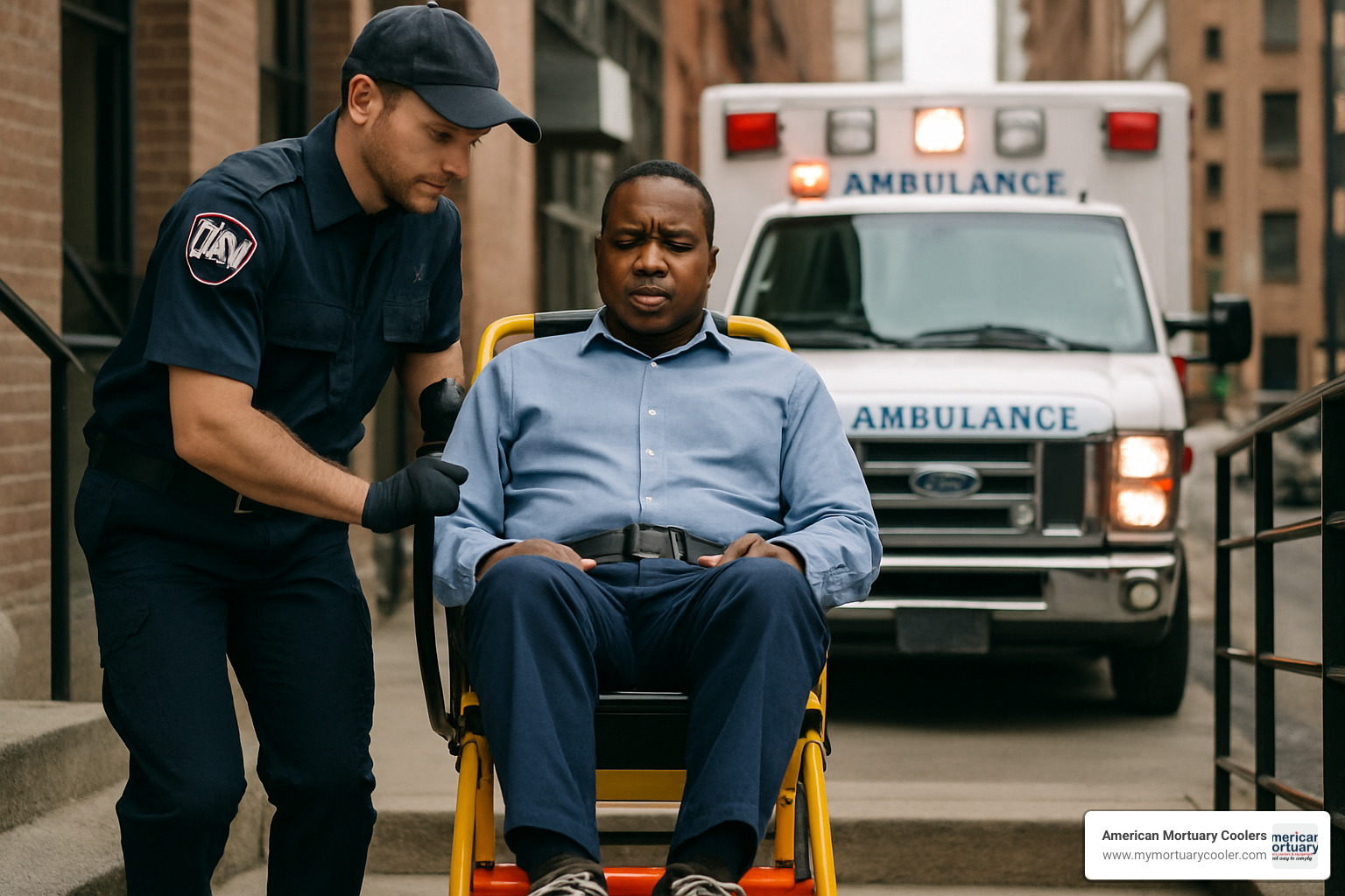 responder using stair chair - emt stretcher