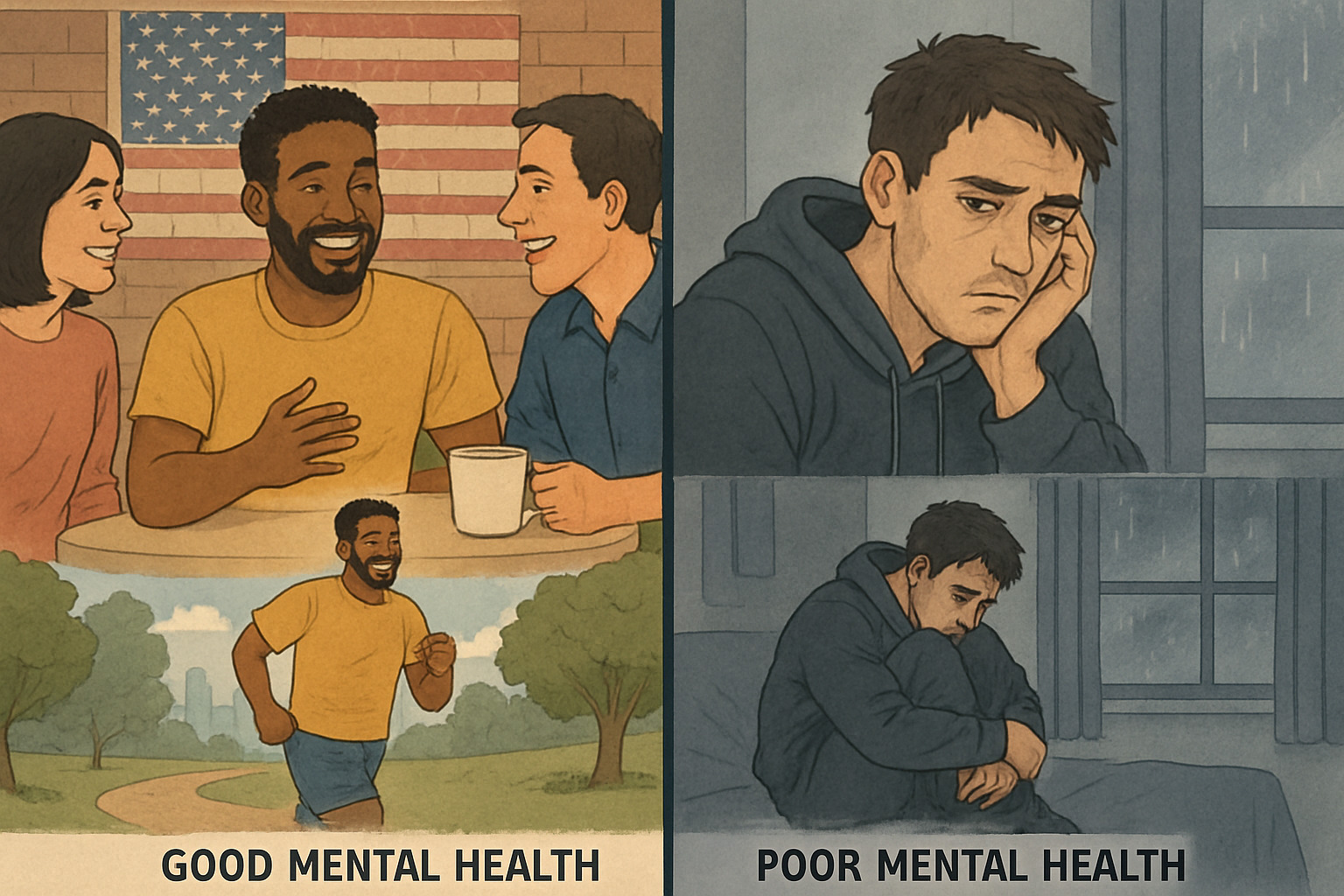 comparison showing signs of good mental health versus poor mental health - define mental health
