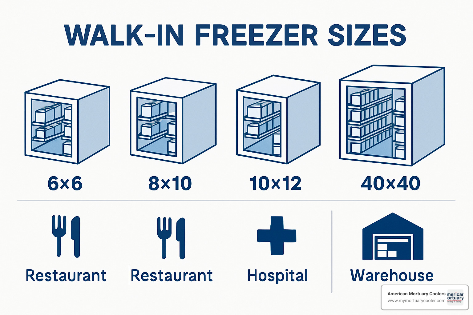 Walk-in freezer size comparison chart showing different dimensions and storage capacities - walkin freezer
