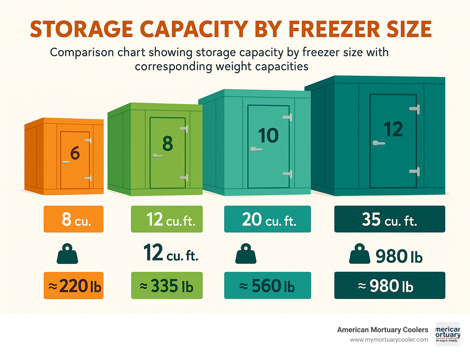 Comparison chart showing storage capacity by freezer size with corresponding weight capacities - walkin freezer infographic 