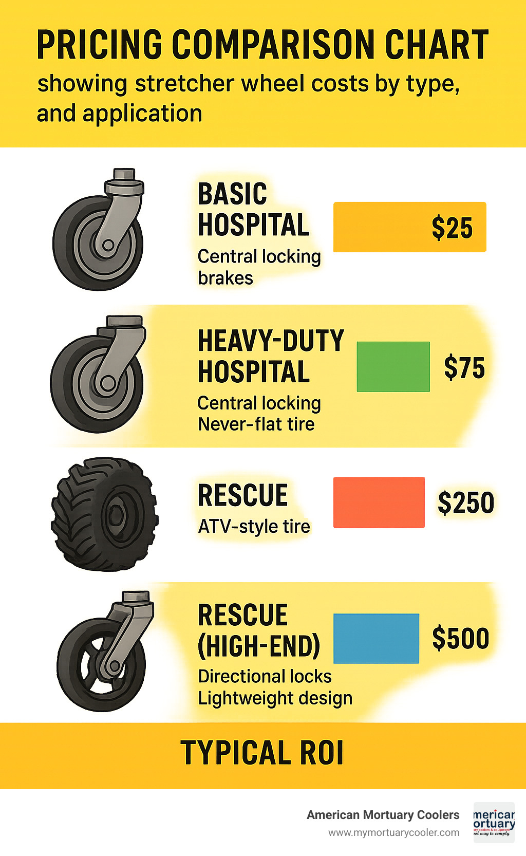 Pricing comparison chart showing stretcher wheel costs by type, features, and application with typical ROI calculations - stretcher wheel infographic 