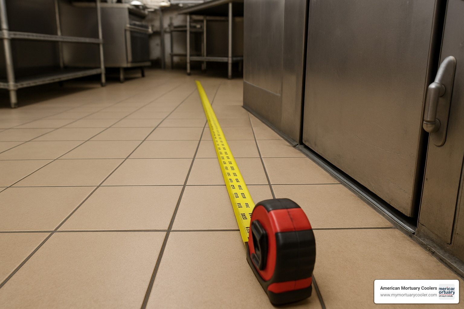 measuring tape on commercial kitchen floor next to walk-in refrigerator - walk in refrigerator dimensions