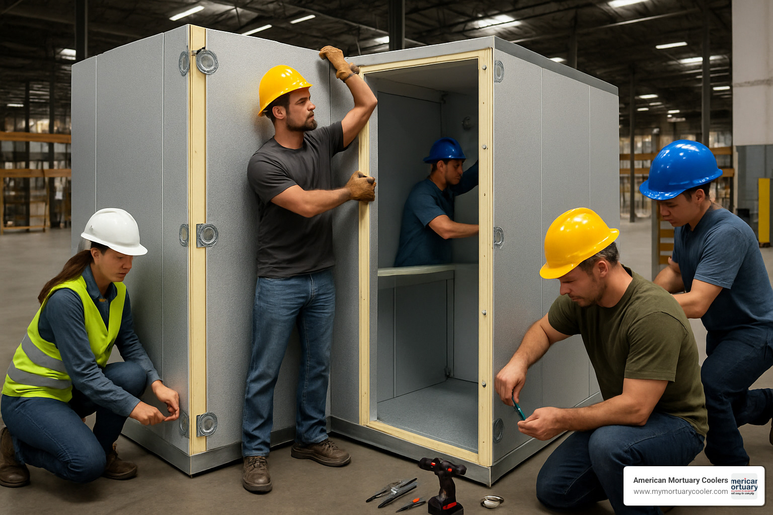 workers assembling modular walk-in refrigerator panels using cam-lock system - walk in refrigerator dimensions