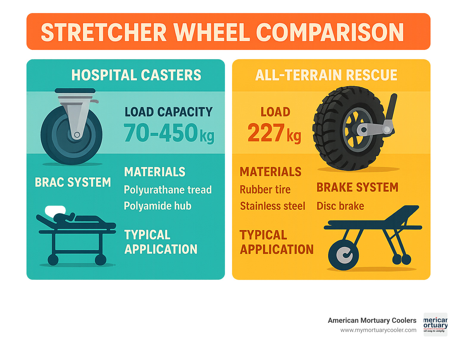 Comprehensive stretcher wheel comparison showing hospital casters versus all-terrain rescue wheels with load capacities, materials, brake systems, and typical applications for each type - stretcher wheel infographic 