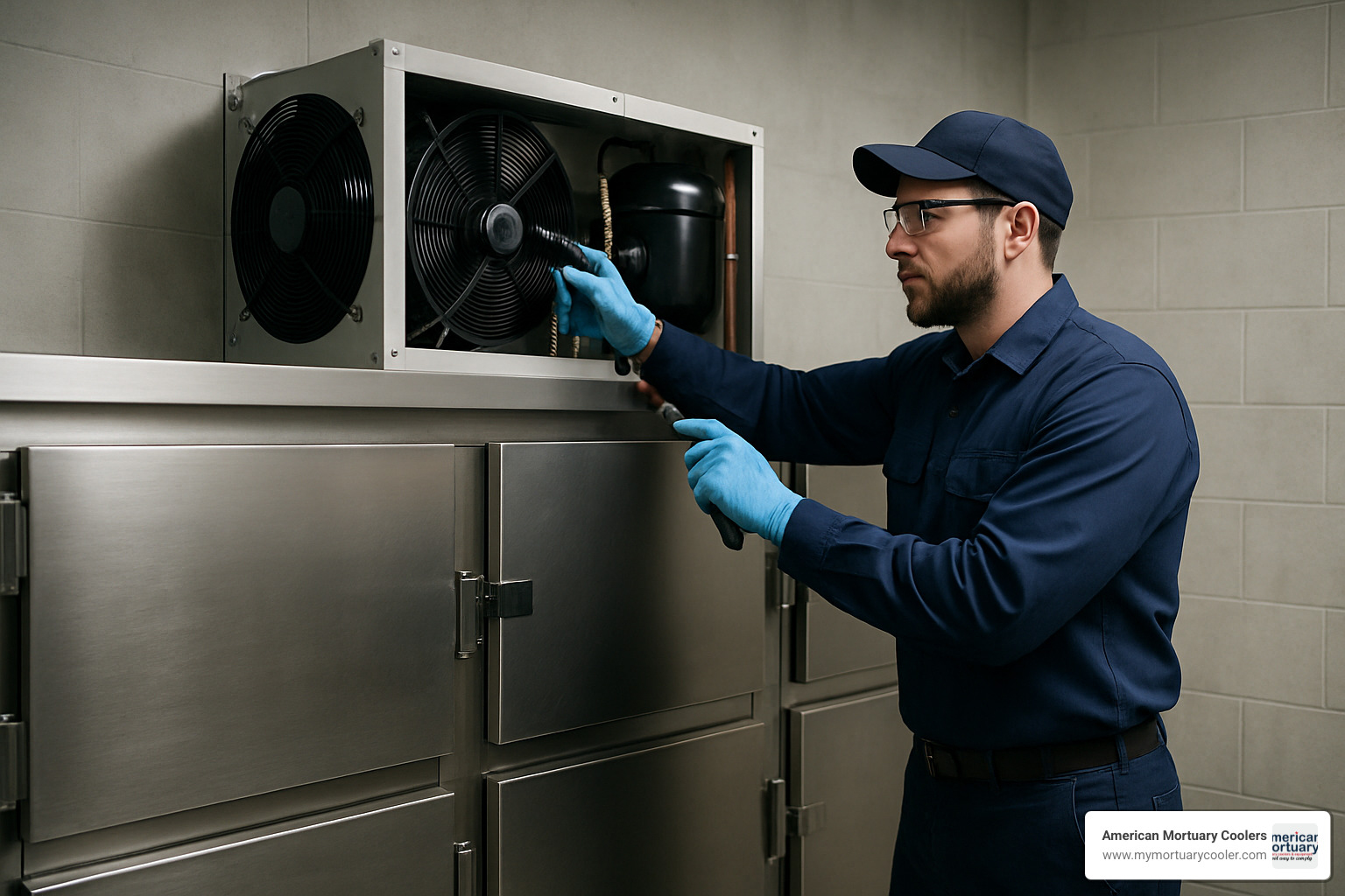 technician servicing mortuary cold room unit - mortuary cold rooms